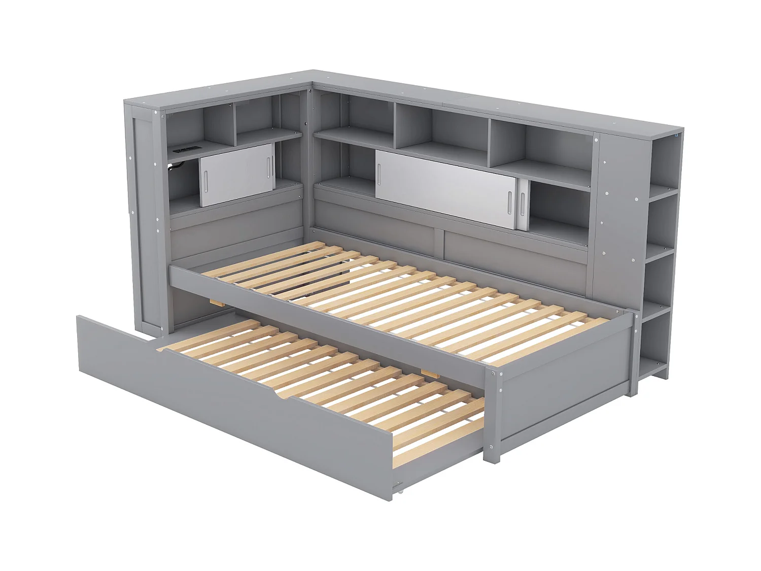 Lit Daybed 90x200 cm, lit de jour avec lit escamotable, espace de rangement, avec USB, MDF, gris (232x125x110 cm)