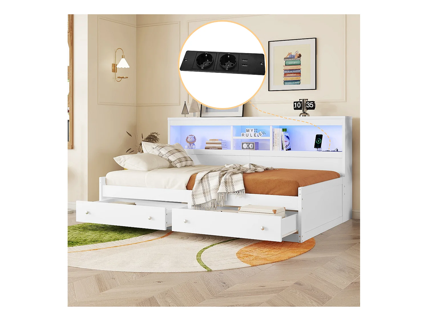 Dagbed 90 x 200 cm, met 2 USB-aansluitingen, 2 stopcontacten, 2 lades, sfeerverlichting, bed met lattenbodem (zonder matras), spaanplaat, wit (203x115x90 cm)