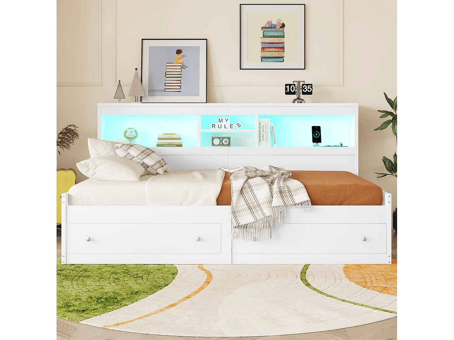 Dagbed 90 x 200 cm, met 2 USB-aansluitingen, 2 stopcontacten, 2 lades, sfeerverlichting, bed met lattenbodem (zonder matras), spaanplaat, wit (203x115x90 cm)