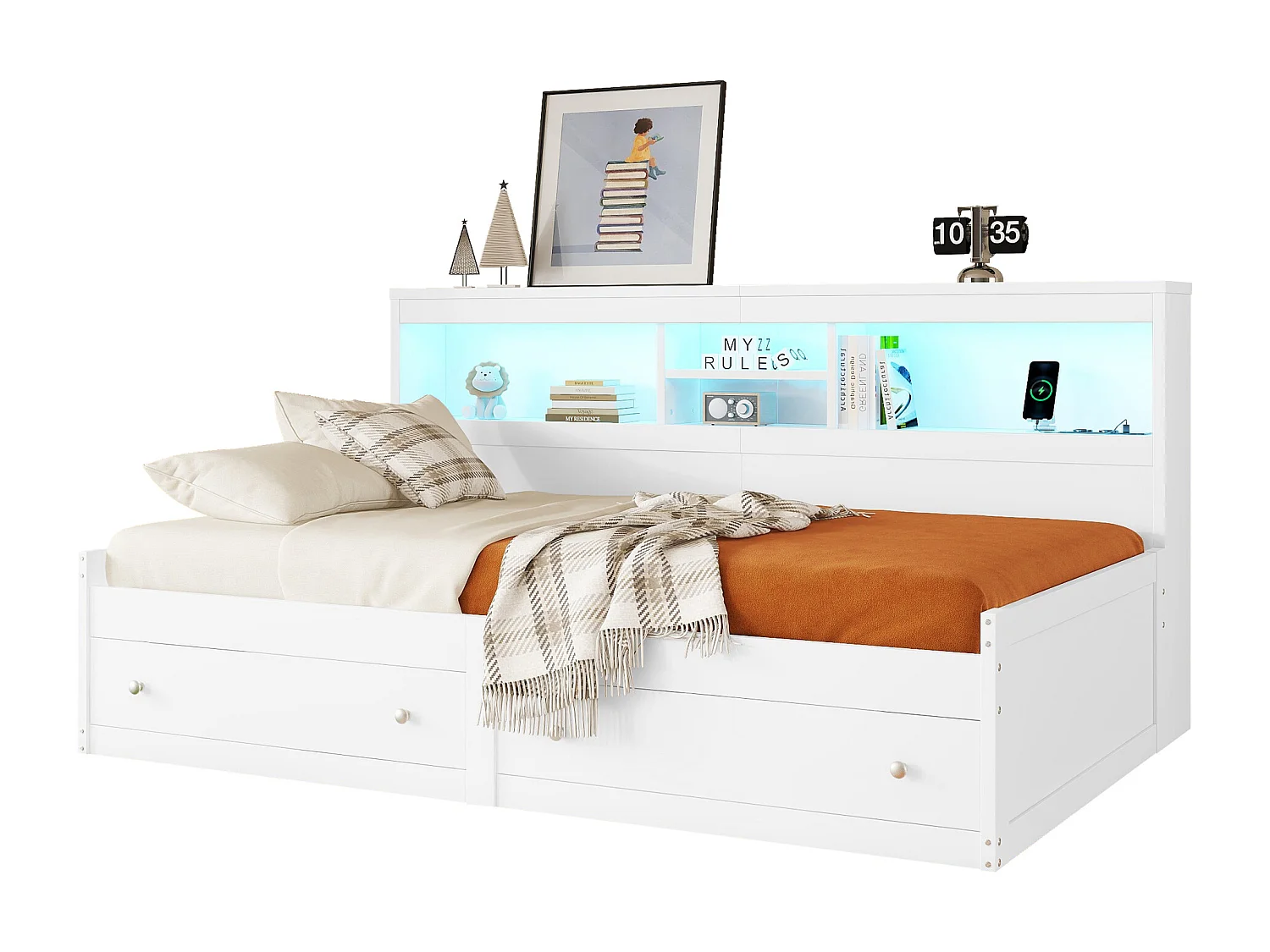 Dagbed 90 x 200 cm, met 2 USB-aansluitingen, 2 stopcontacten, 2 lades, sfeerverlichting, bed met lattenbodem (zonder matras), spaanplaat, wit (203x115x90 cm)