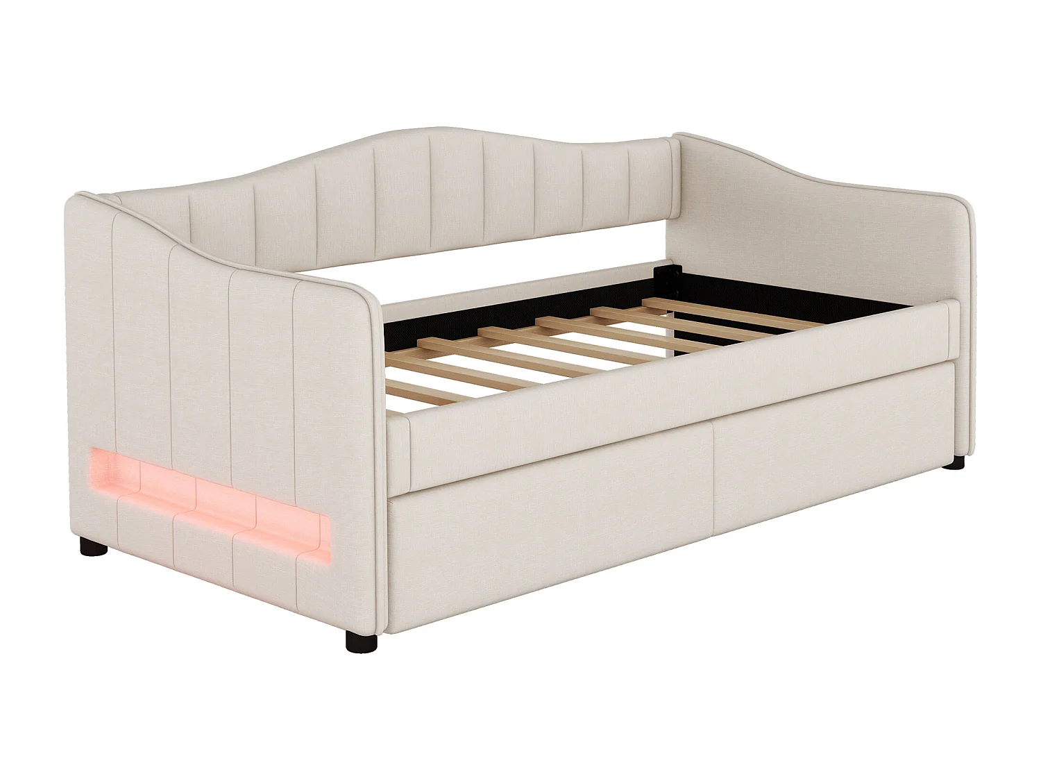 Canapé-lit 90x200cm avec lit escamotable, design minimaliste, Lin, Beige, avec éclairage d'ambiance (212x99x85 cm)