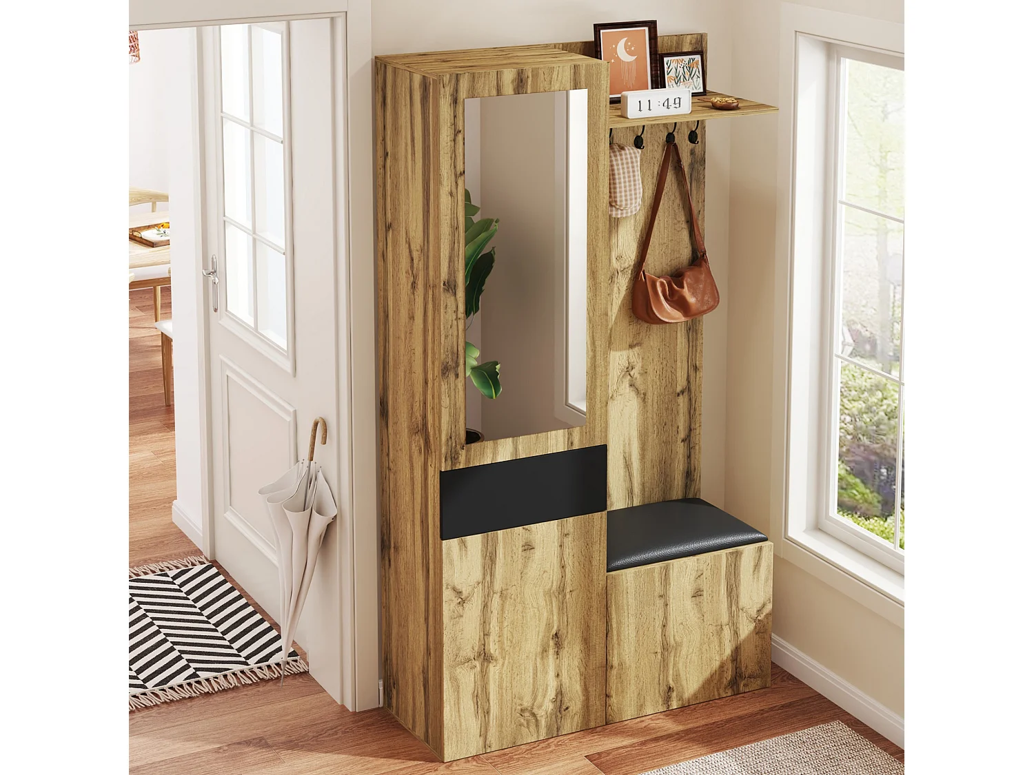 Garderobeset 98.5×38×191 cm - met kapstok en schoenenkast - haakjes en 1 spiegel - naturel + zwart