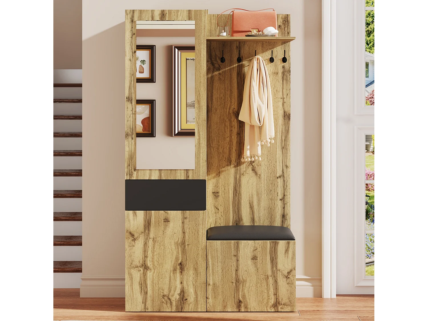 Garderobeset 98.5×38×191 cm - met kapstok en schoenenkast - haakjes en 1 spiegel - naturel + zwart