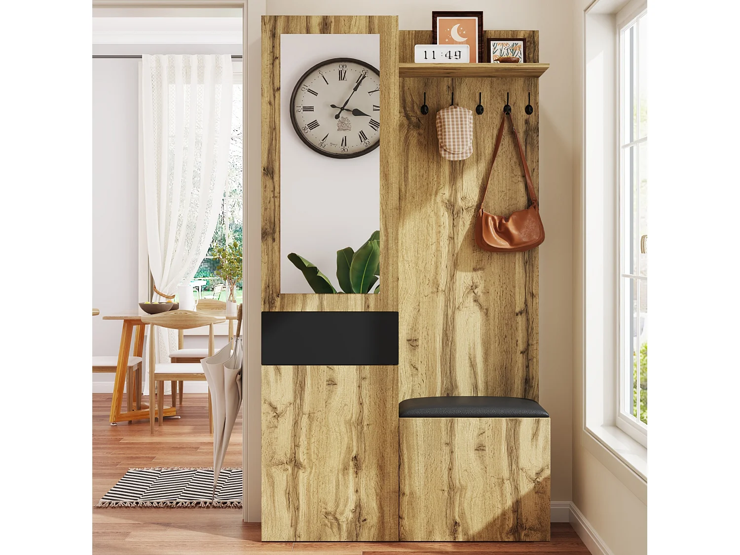 Garderobeset 98.5×38×191 cm - met kapstok en schoenenkast - haakjes en 1 spiegel - naturel + zwart