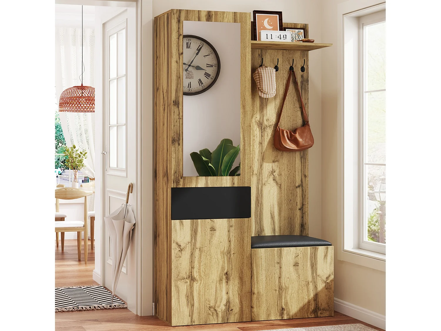 Garderobeset 98.5×38×191 cm - met kapstok en schoenenkast - haakjes en 1 spiegel - naturel + zwart