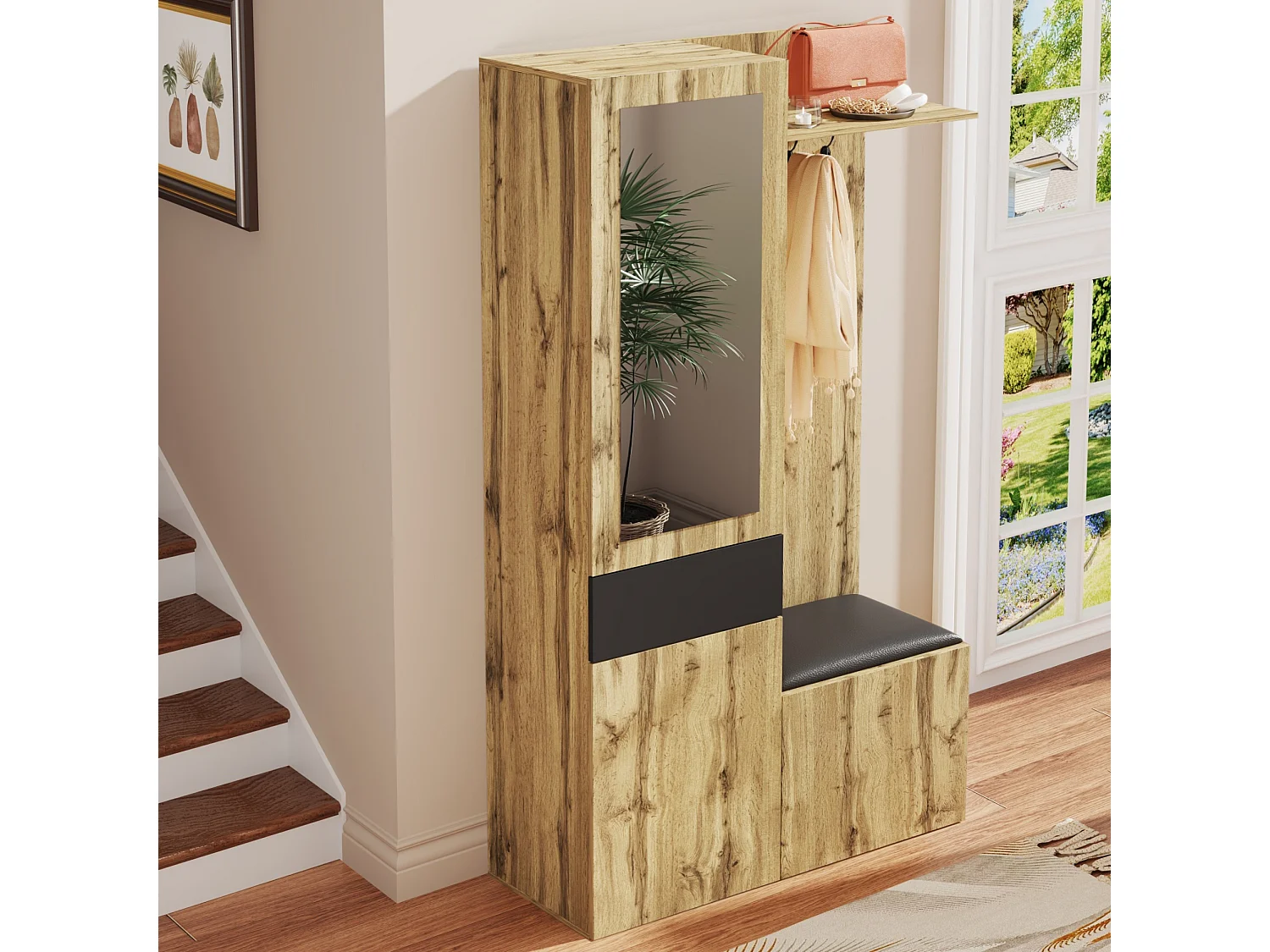 Garderobeset 98.5×38×191 cm - met kapstok en schoenenkast - haakjes en 1 spiegel - naturel + zwart
