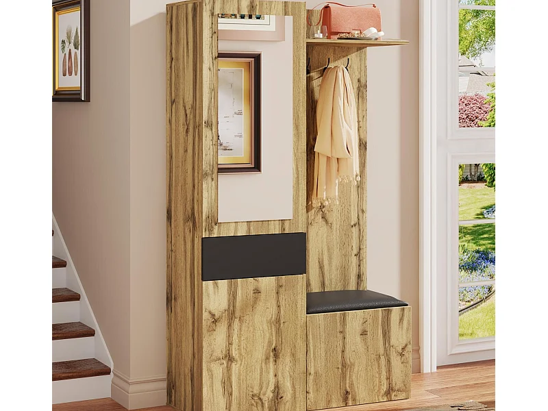 Garderobeset 98.5×38×191 cm - met kapstok en schoenenkast - haakjes en 1 spiegel - naturel + zwart