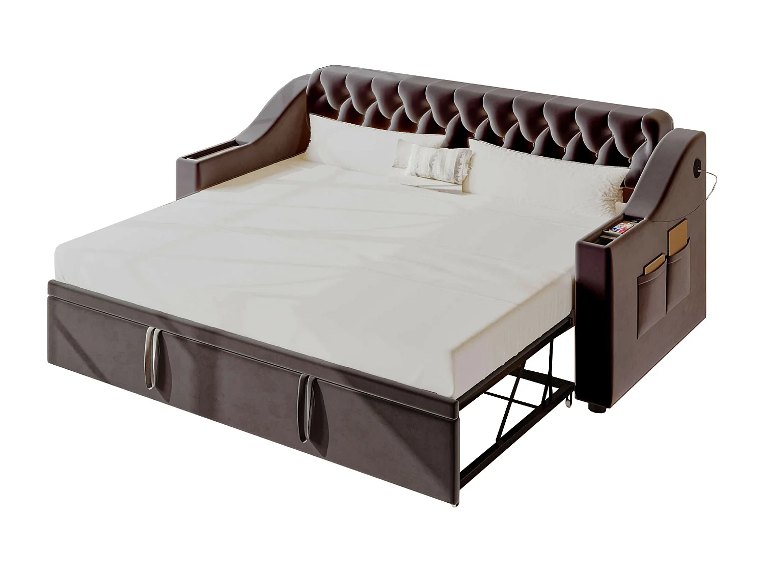 Canapé-lit 90/180x190 cm, avec accoudoirs larges, prises USB, rangement intégré, tissu velours, Gris (215x98.5x78.5 cm)