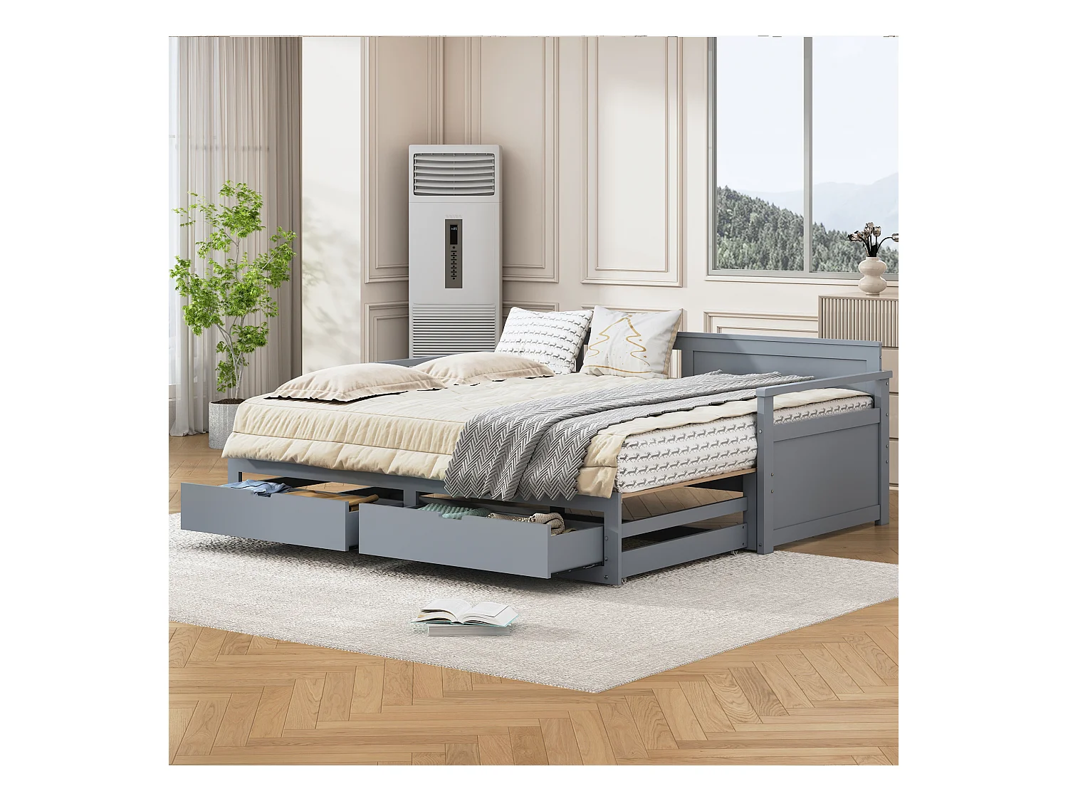 Lit banquette multifonction 90(180)x190cm avec tiroirs, bois de pin, gris, structure robuste (197.5x184.5x76cm)