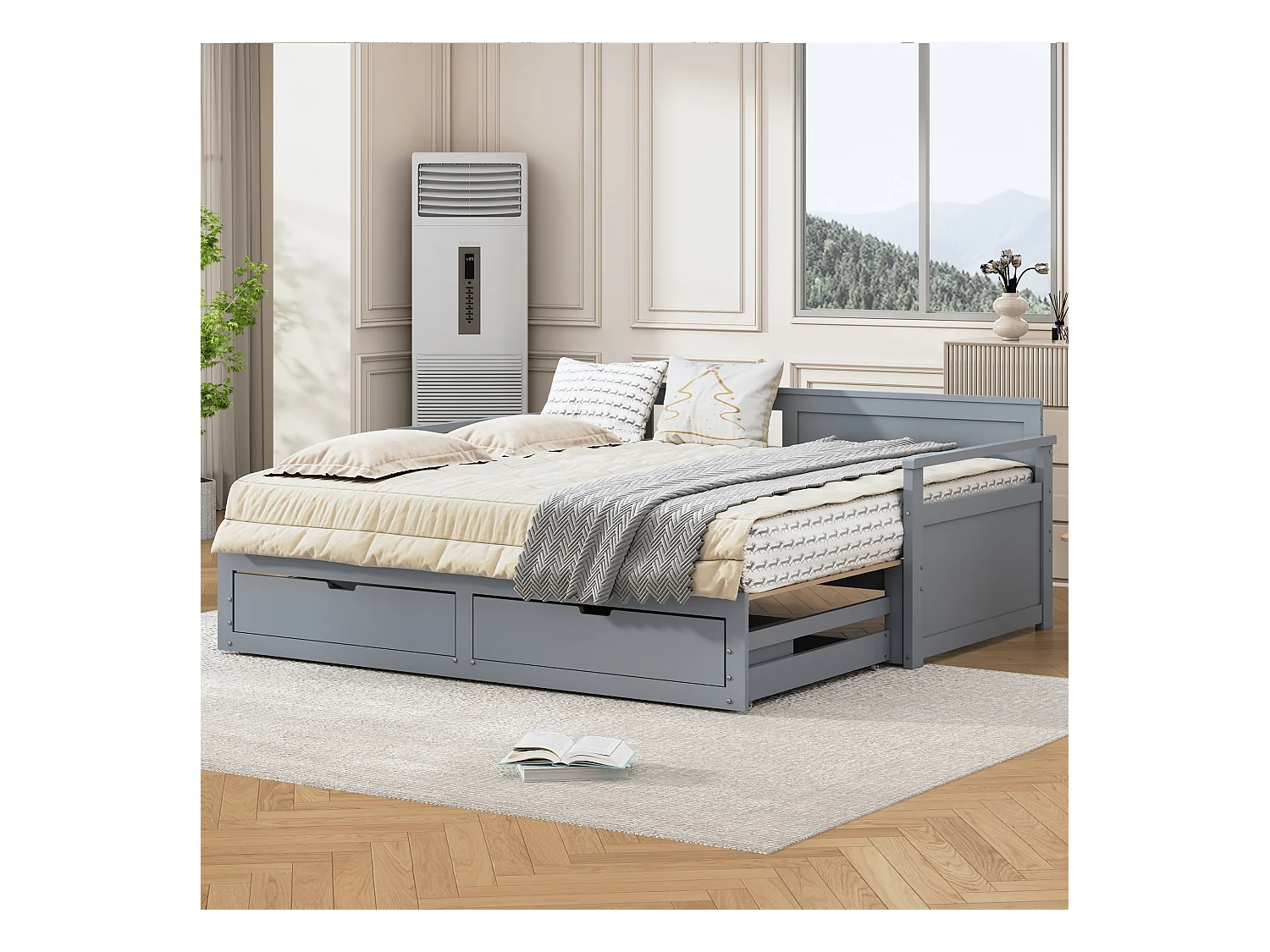 Lit banquette multifonction 90(180)x190cm avec tiroirs, bois de pin, gris, structure robuste (197.5x184.5x76cm)