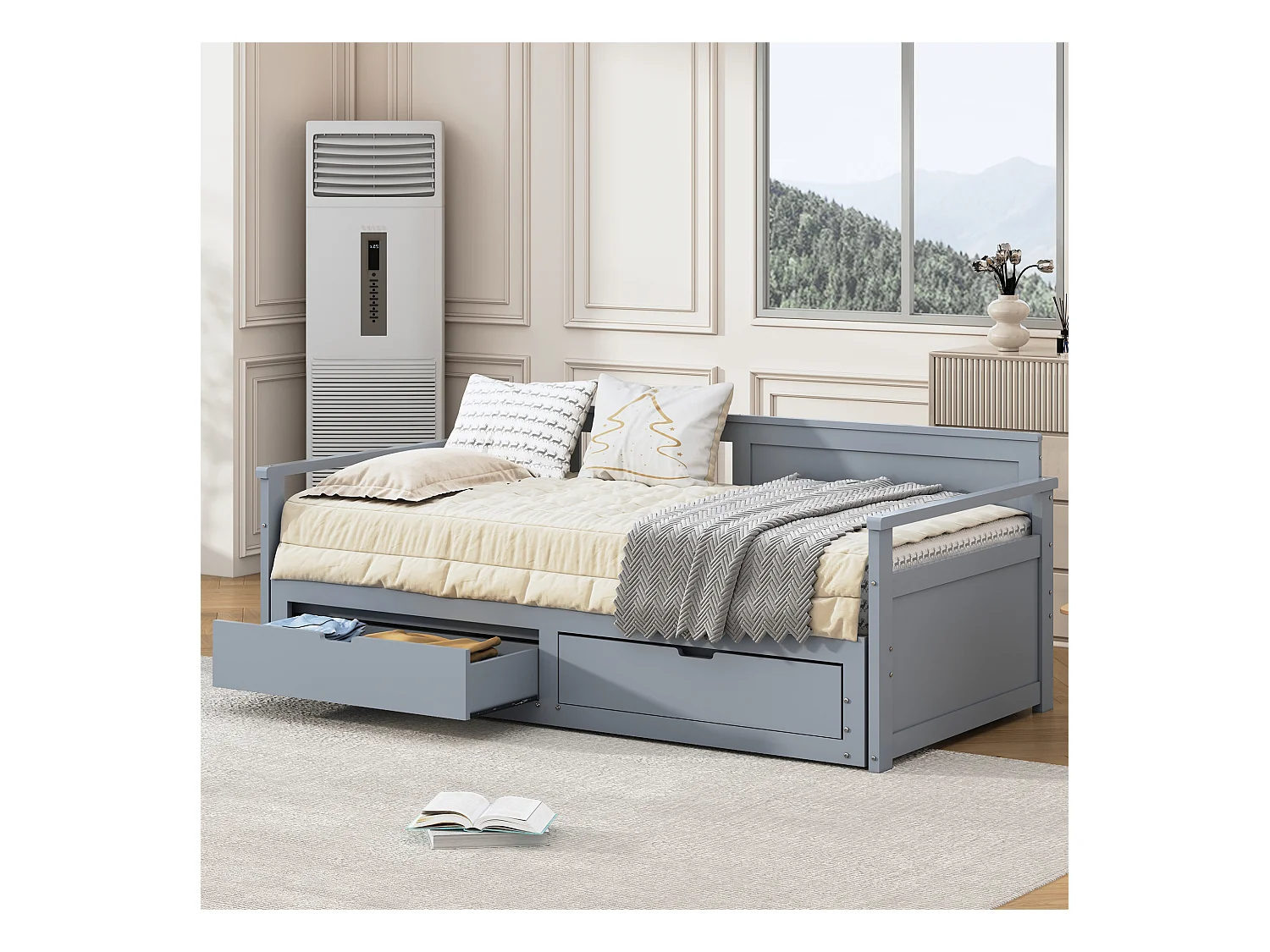 Lit banquette multifonction 90(180)x190cm avec tiroirs, bois de pin, gris, structure robuste (197.5x184.5x76cm)