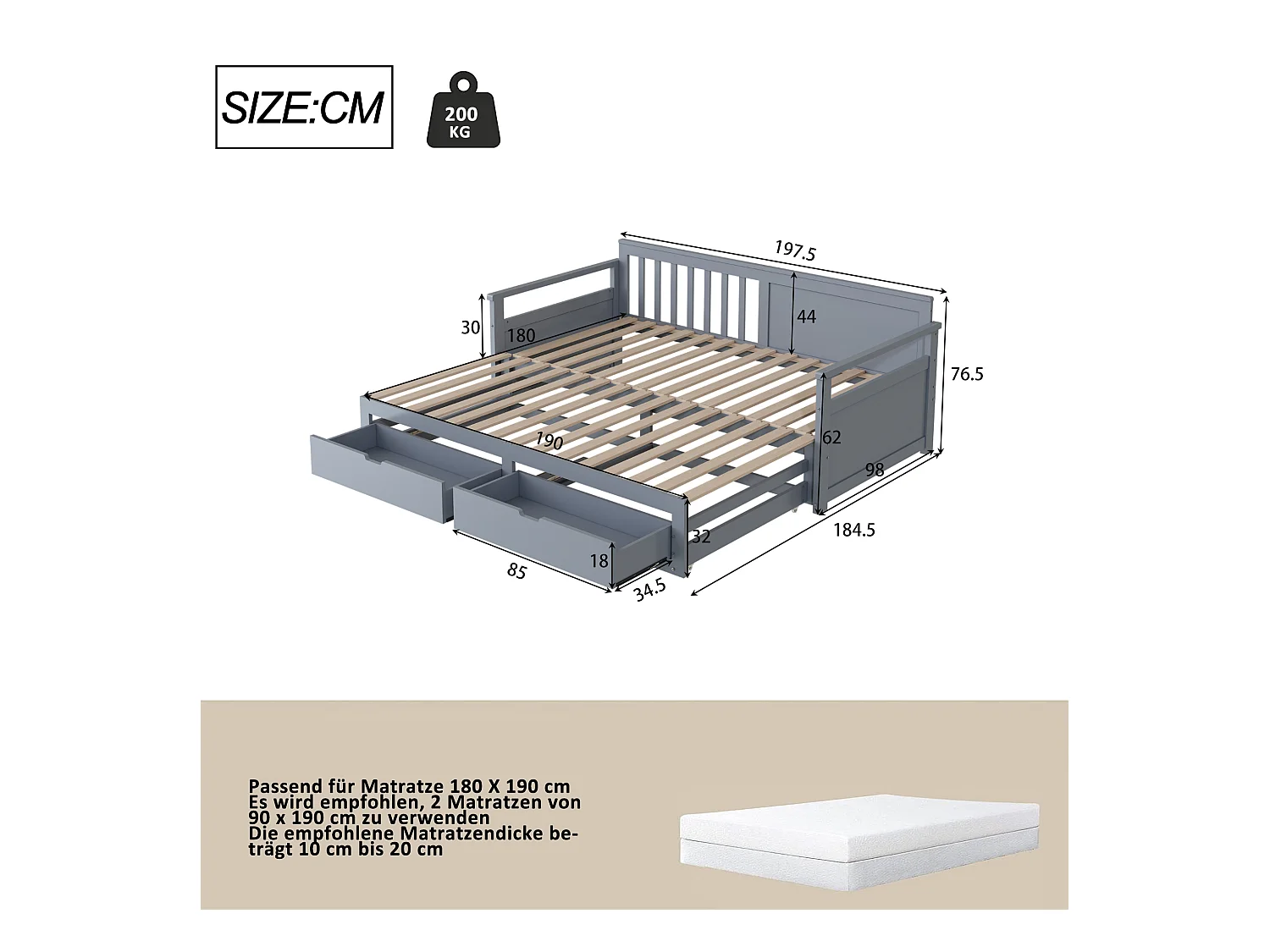 Lit banquette multifonction 90(180)x190cm avec tiroirs, bois de pin, gris, structure robuste (197.5x184.5x76cm)