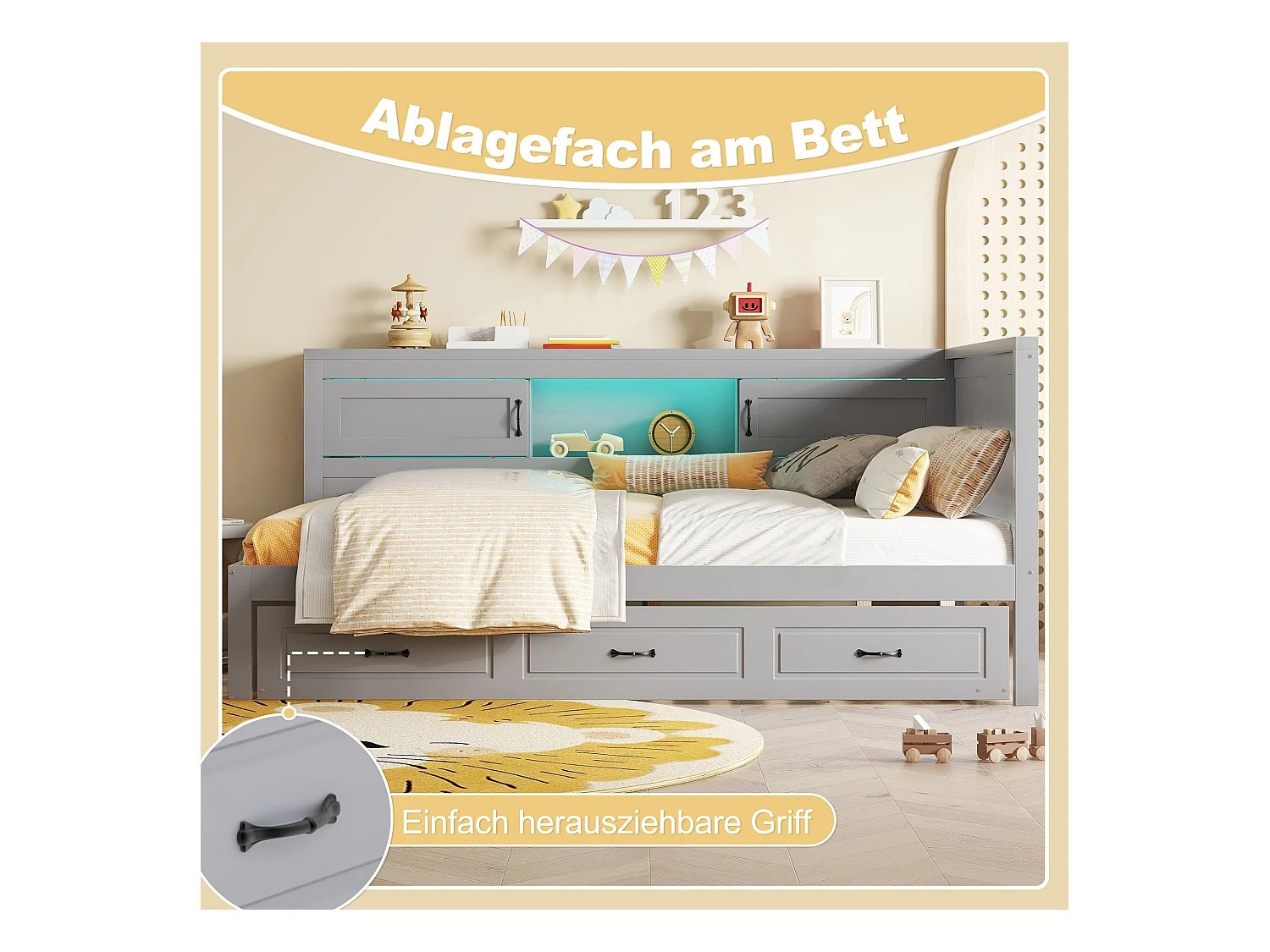 Canapé-lit, Daybed, 90x200cm, avec LED, rangement latéral, lit gigogne, prise + USB, sans matelas, Gris (204.5x167x91.5 cm)