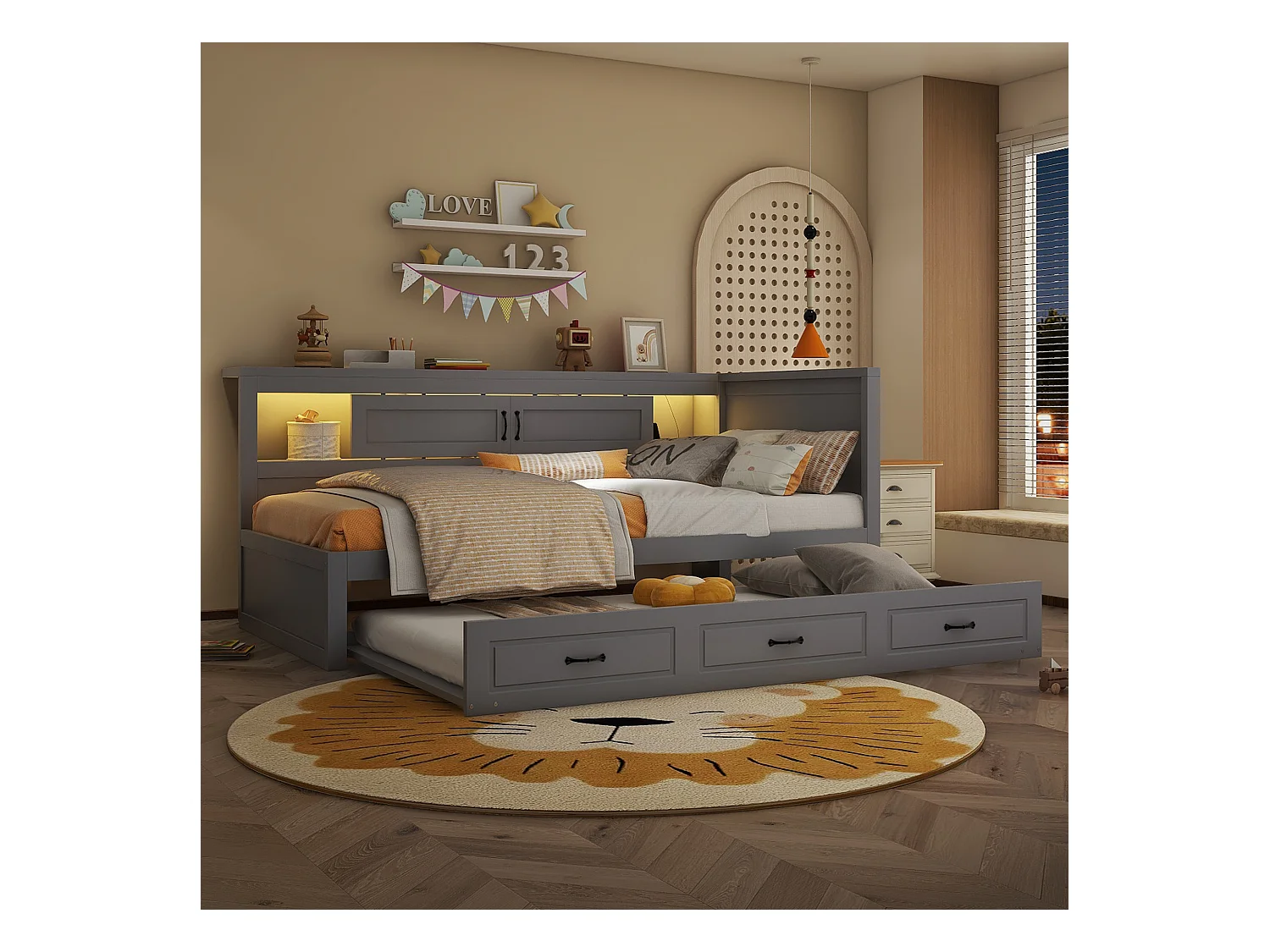 Canapé-lit, Daybed, 90x200cm, avec LED, rangement latéral, lit gigogne, prise + USB, sans matelas, Gris (204.5x167x91.5 cm)