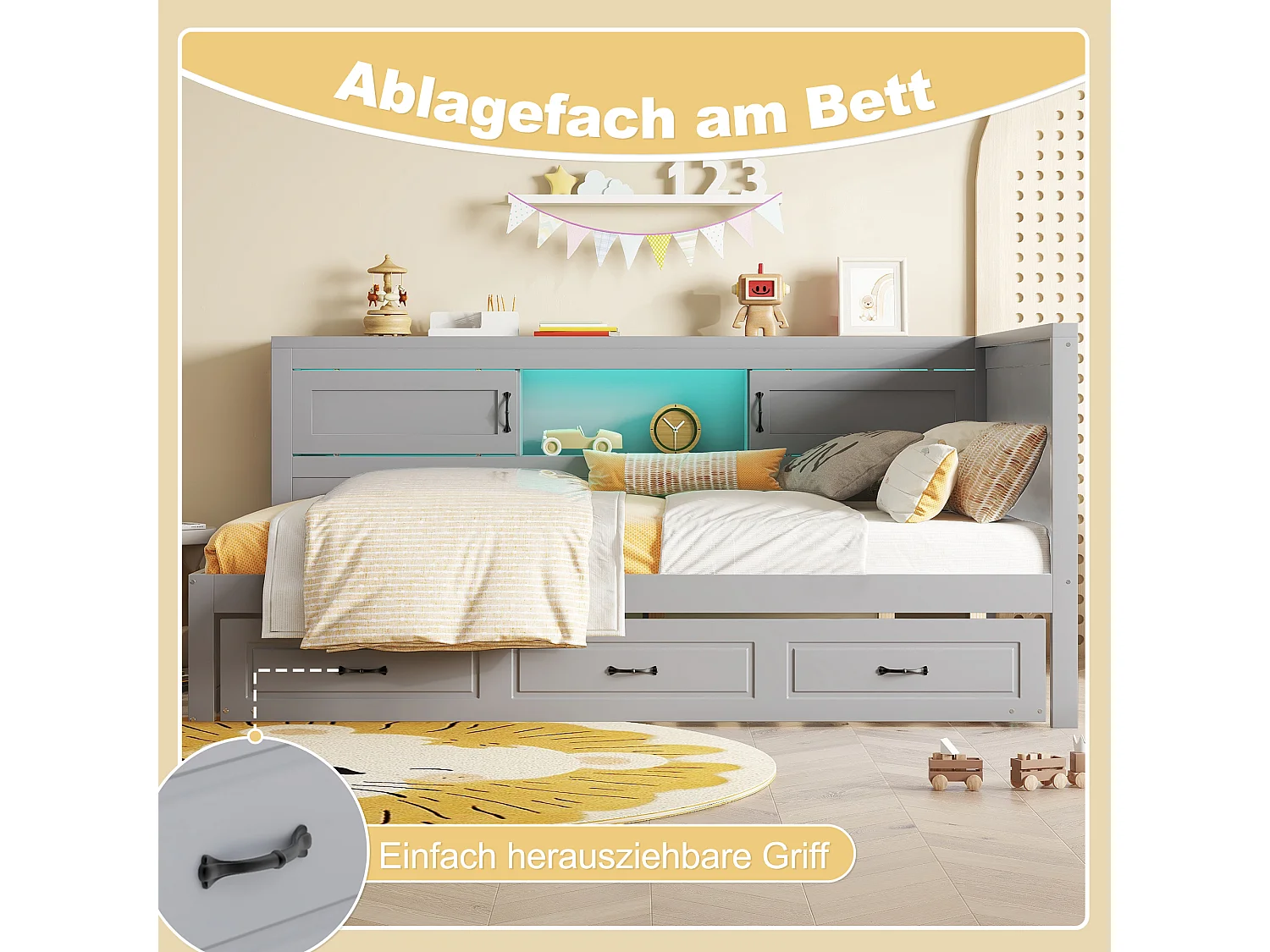 Divano letto, Daybed, 90x200cm, con LED, contenitore laterale, letto estraibile, presa + USB, senza materasso, Grigio (204,5x167x91,5 cm)