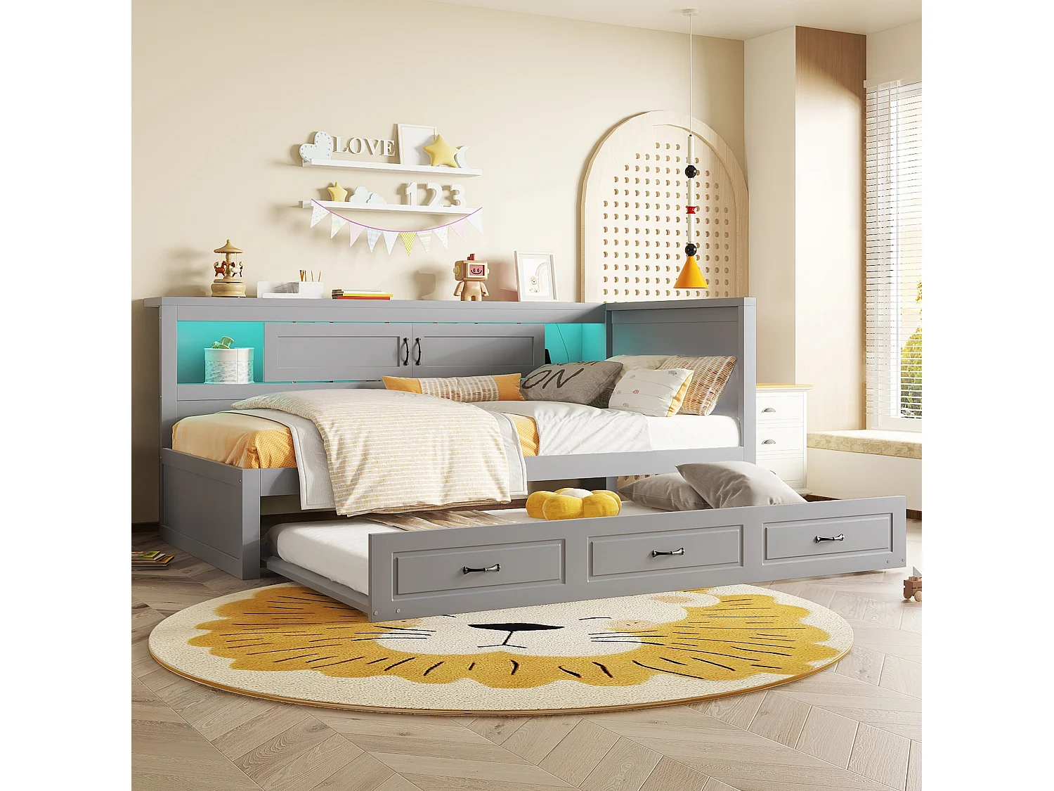 Divano letto, Daybed, 90x200cm, con LED, contenitore laterale, letto estraibile, presa + USB, senza materasso, Grigio (204,5x167x91,5 cm)