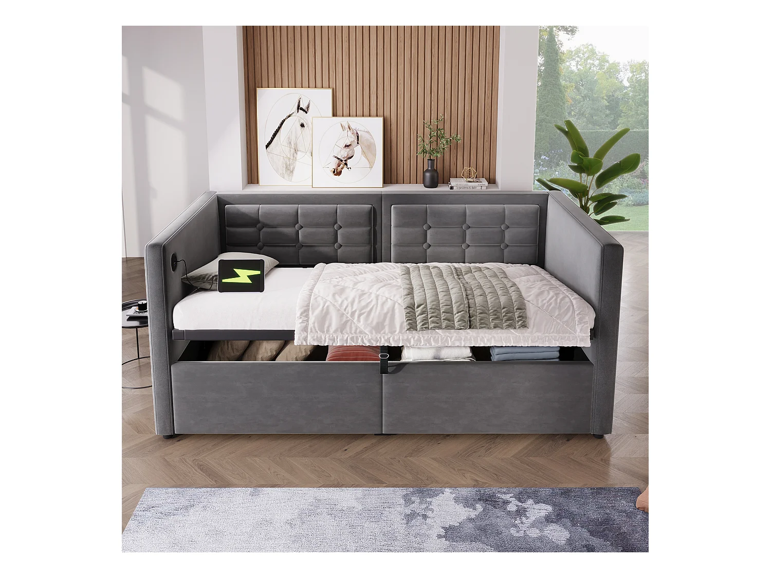 Canapé-lit 90x190 cm, Lit Simple avec Hydraulique, Station de Charge USB + Type-C, Rangement, Gris (215x106x75 cm)