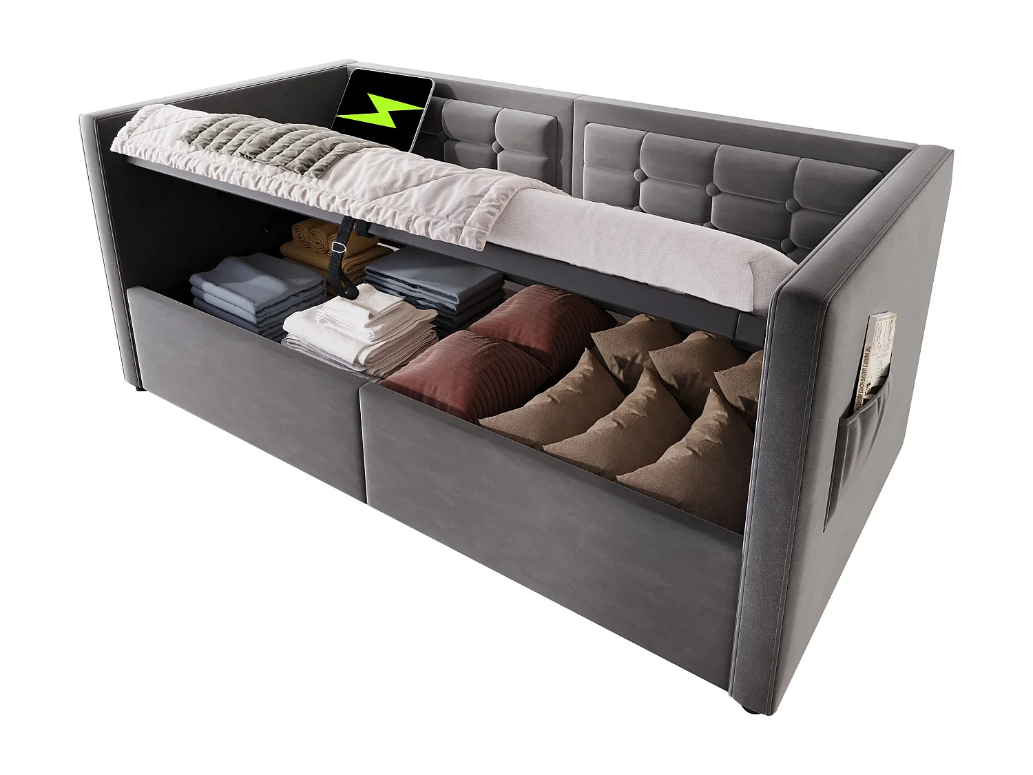 Canapé-lit 90x190 cm, Lit Simple avec Hydraulique, Station de Charge USB + Type-C, Rangement, Gris (215x106x75 cm)