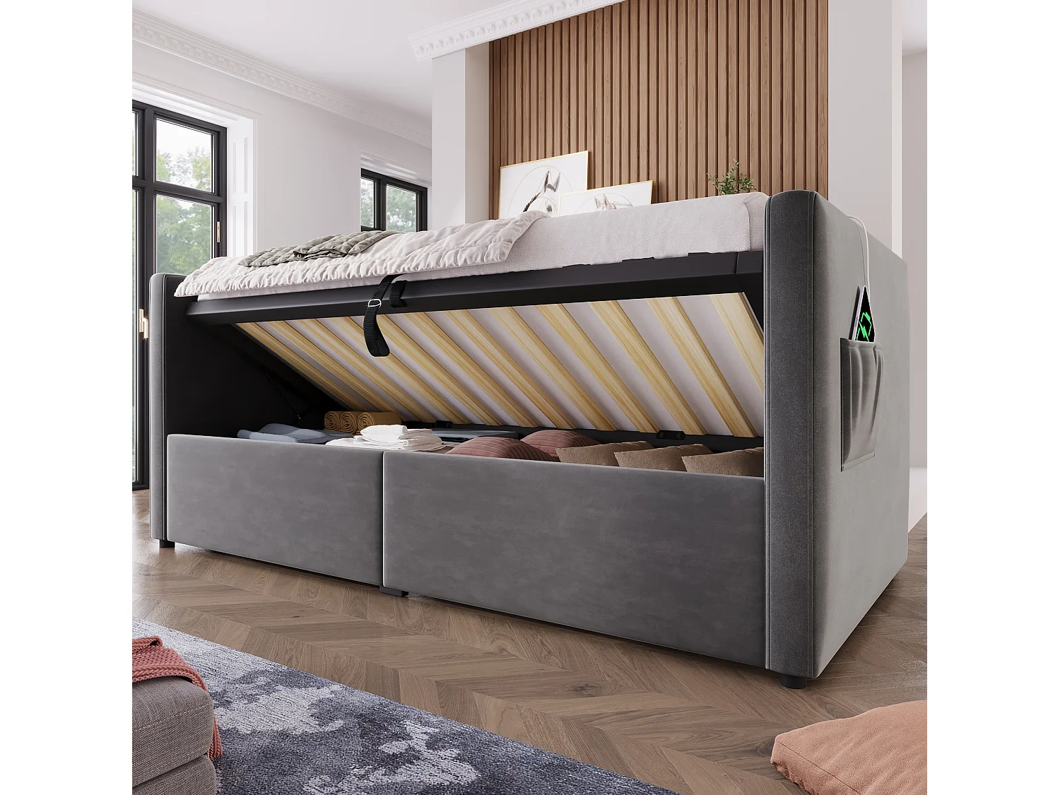 Canapé-lit 90x190 cm, Lit Simple avec Hydraulique, Station de Charge USB + Type-C, Rangement, Gris (215x106x75 cm)