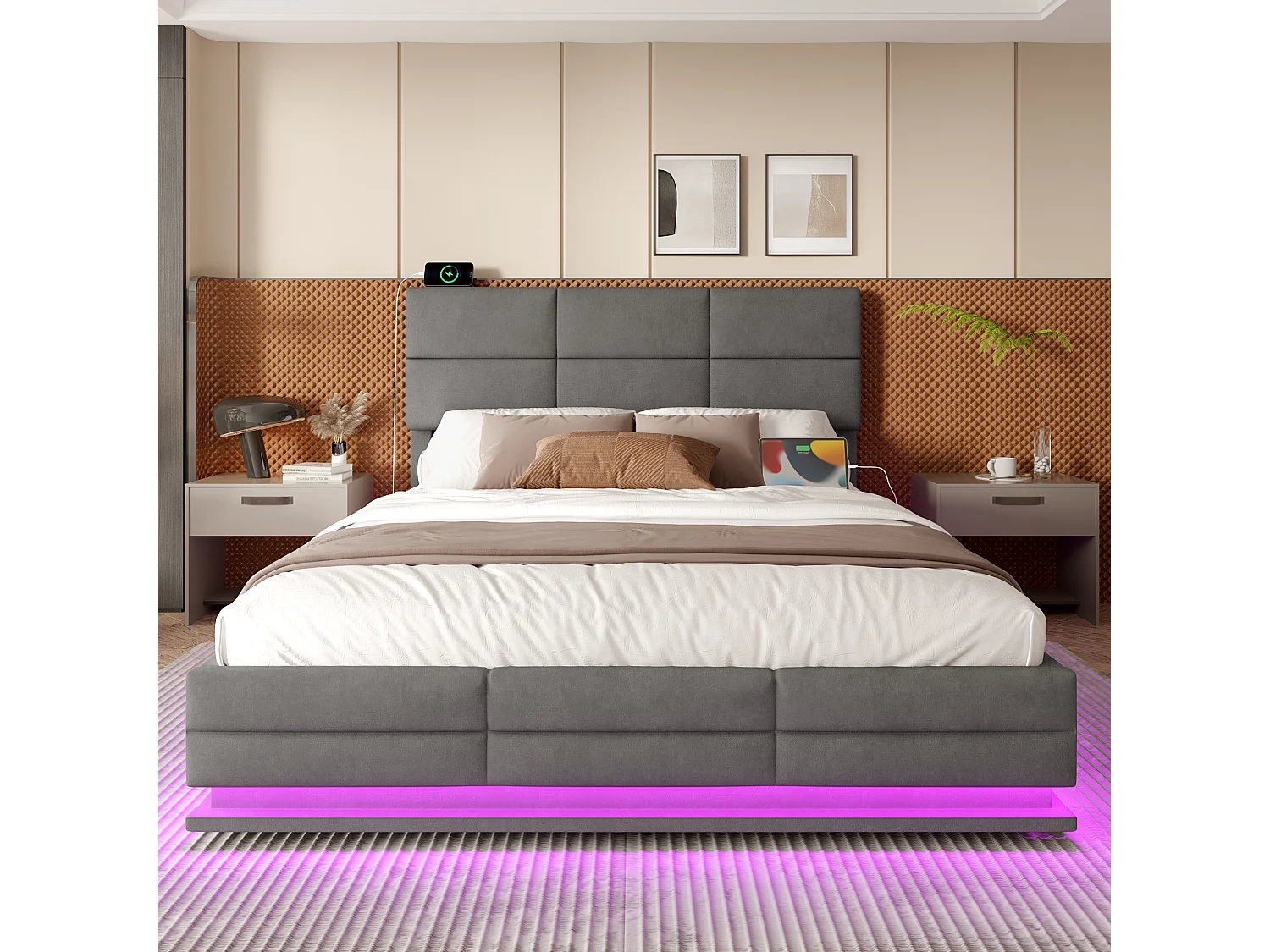 Massief houten slaapbank 140x200 cm, extra grote lades, USB, LED, planken, opbergruimte, grijs (222,3x165x92 cm)