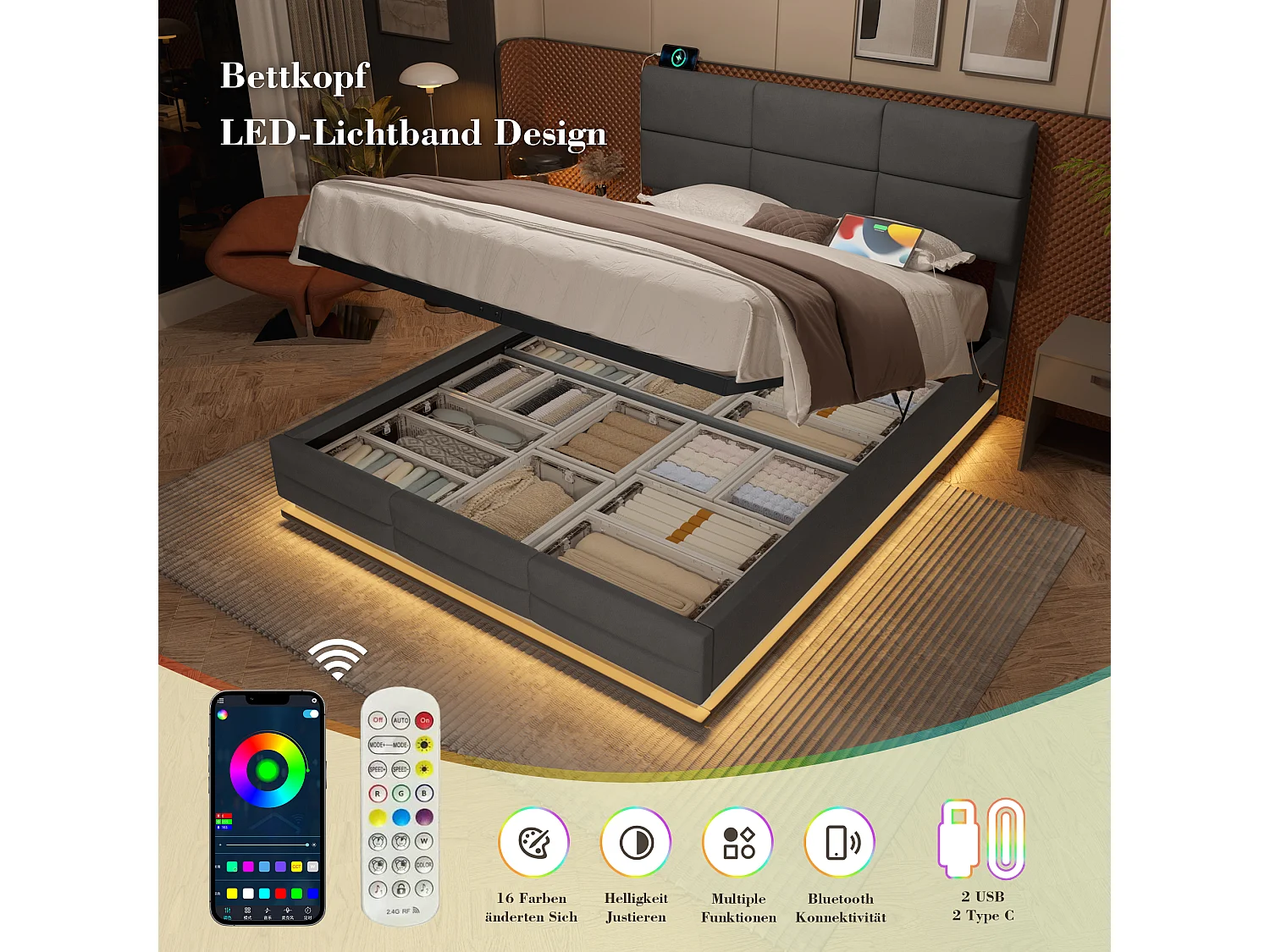 Massief houten slaapbank 140x200 cm, extra grote lades, USB, LED, planken, opbergruimte, grijs (222,3x165x92 cm)