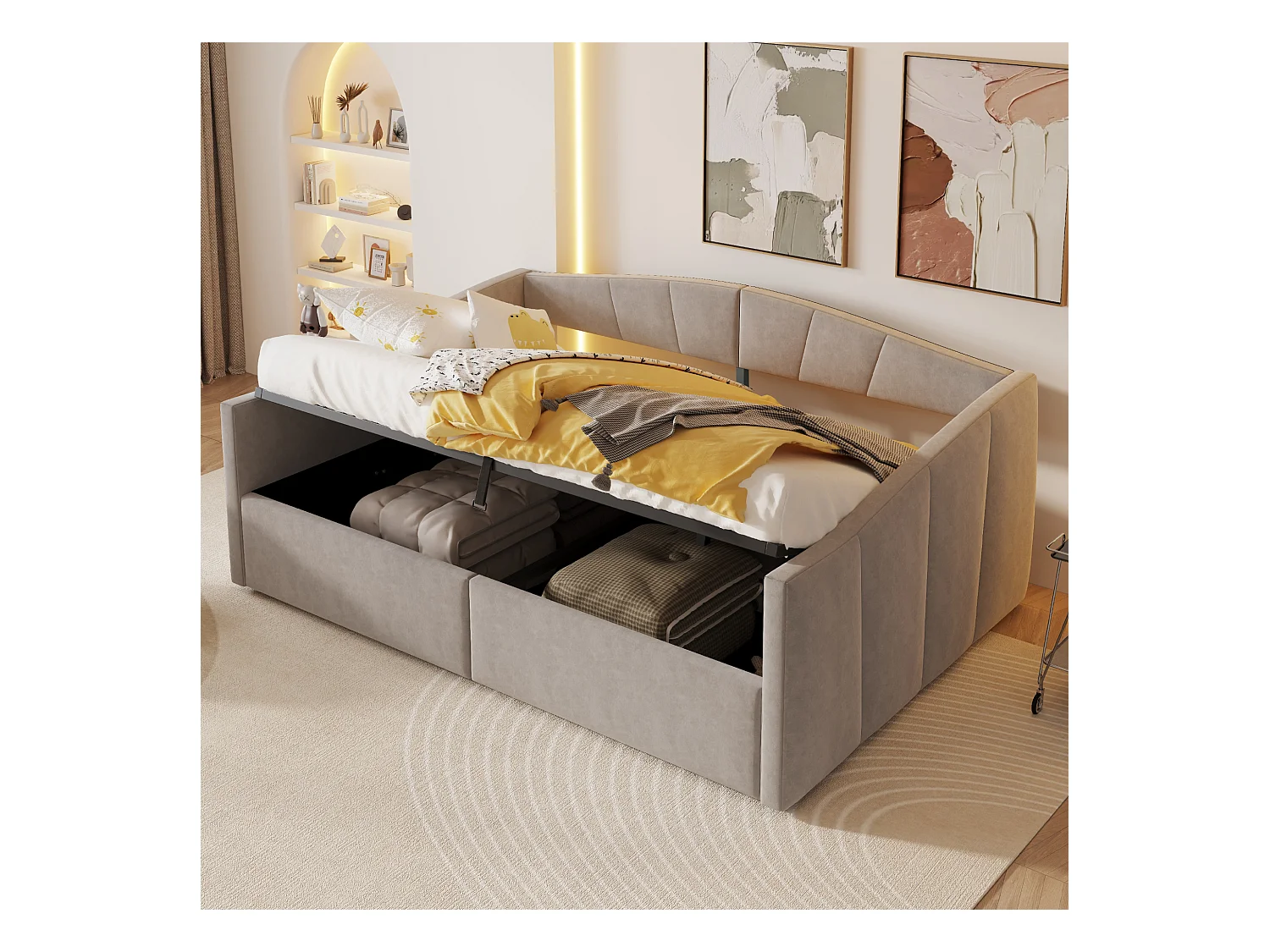 Canapé-lit 140x200 cm avec hydraulique de rangement, accoudoirs, tissu velours gris clair, design classique (212x145x62 cm)