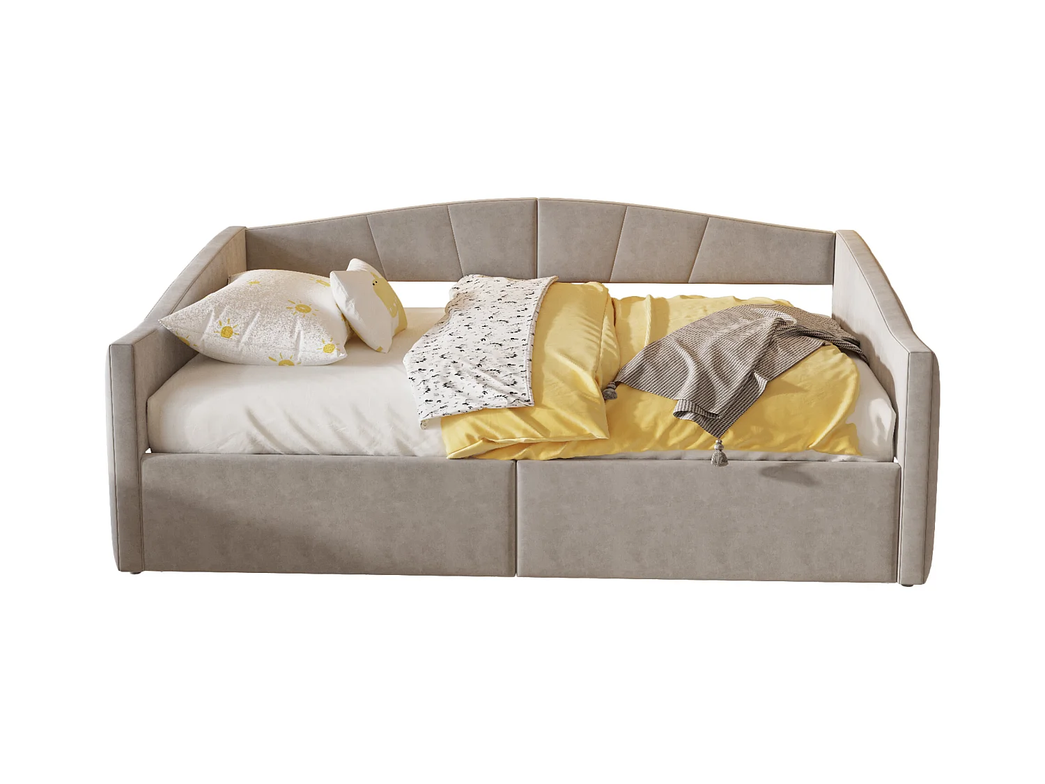 Canapé-lit 140x200 cm avec hydraulique de rangement, accoudoirs, tissu velours gris clair, design classique (212x145x62 cm)