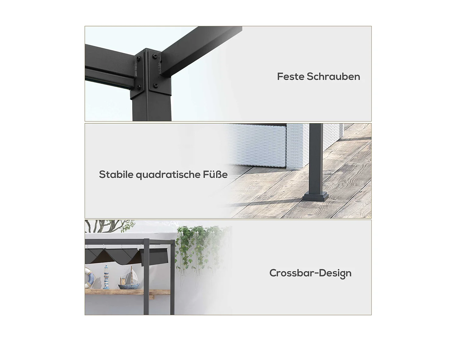 Pergola avec toit coulissant, métal, noir et gris (298x213x221cm)