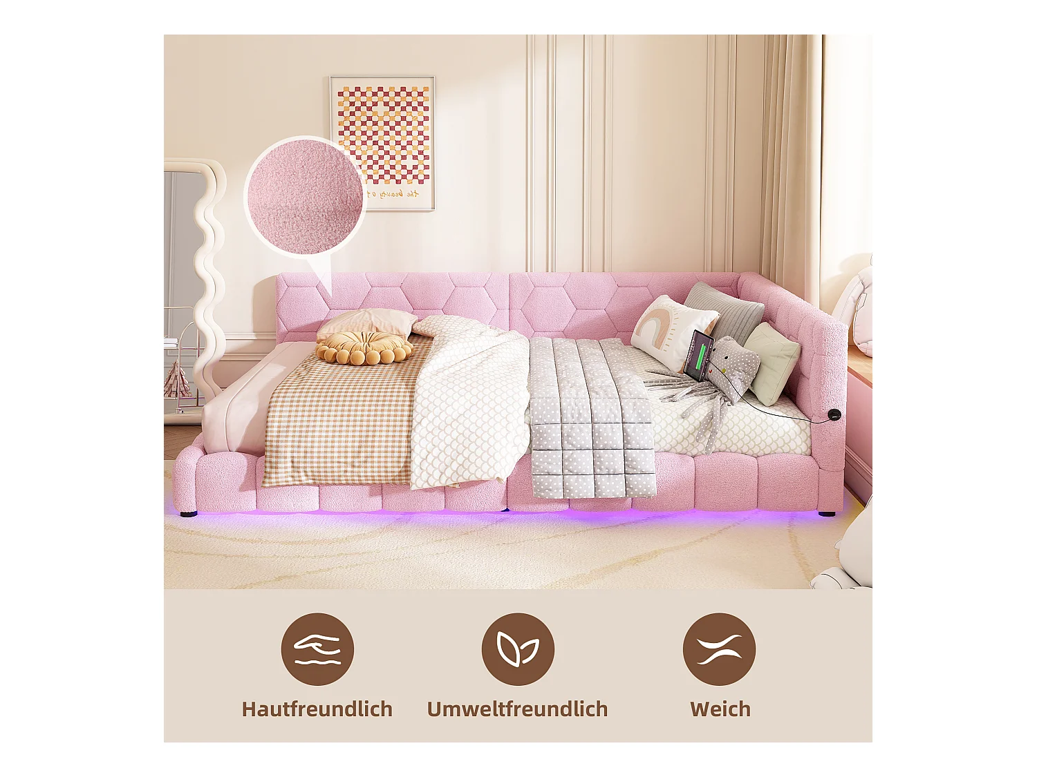 Daybed, 140x200 cm, canapé-lit, avec éclairage ambiant à 16 couleurs, USB, Type-C, tissu velours, Rose (214x152x64.5 cm)