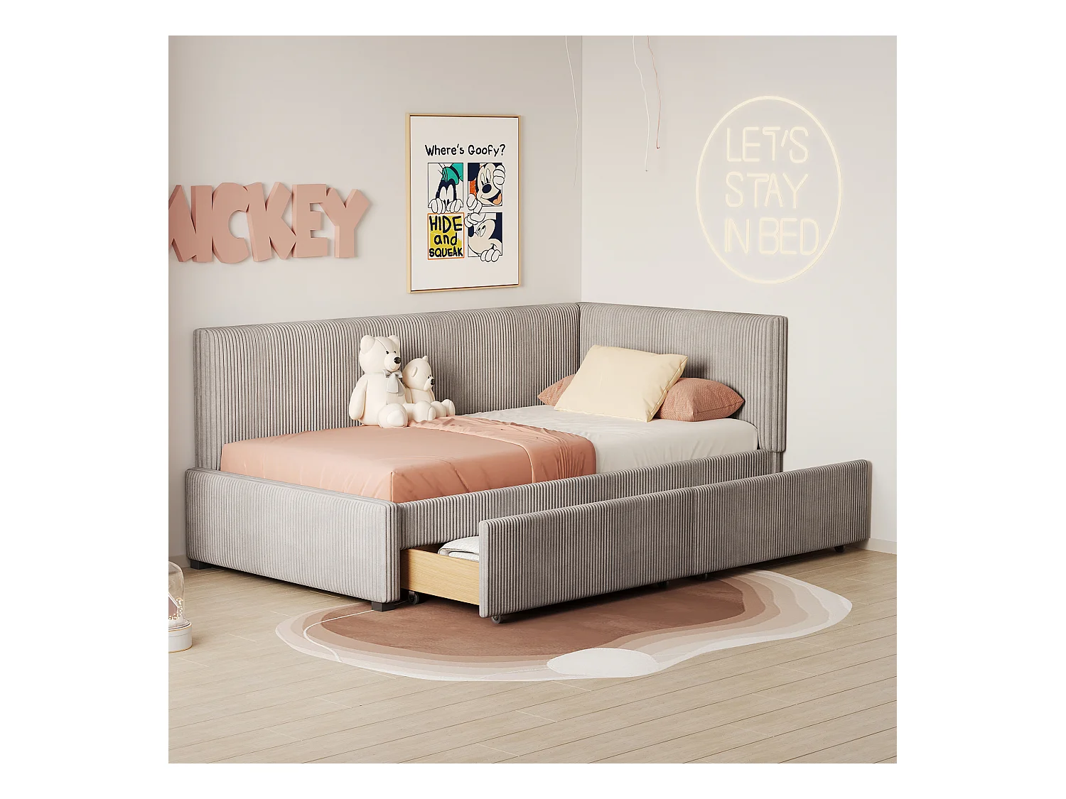 Lit canapé 90x200 cm, multifonction, avec 2 grands tiroirs de rangement, sommier à lattes, tissu velours, gris (204.5x97x68 cm)