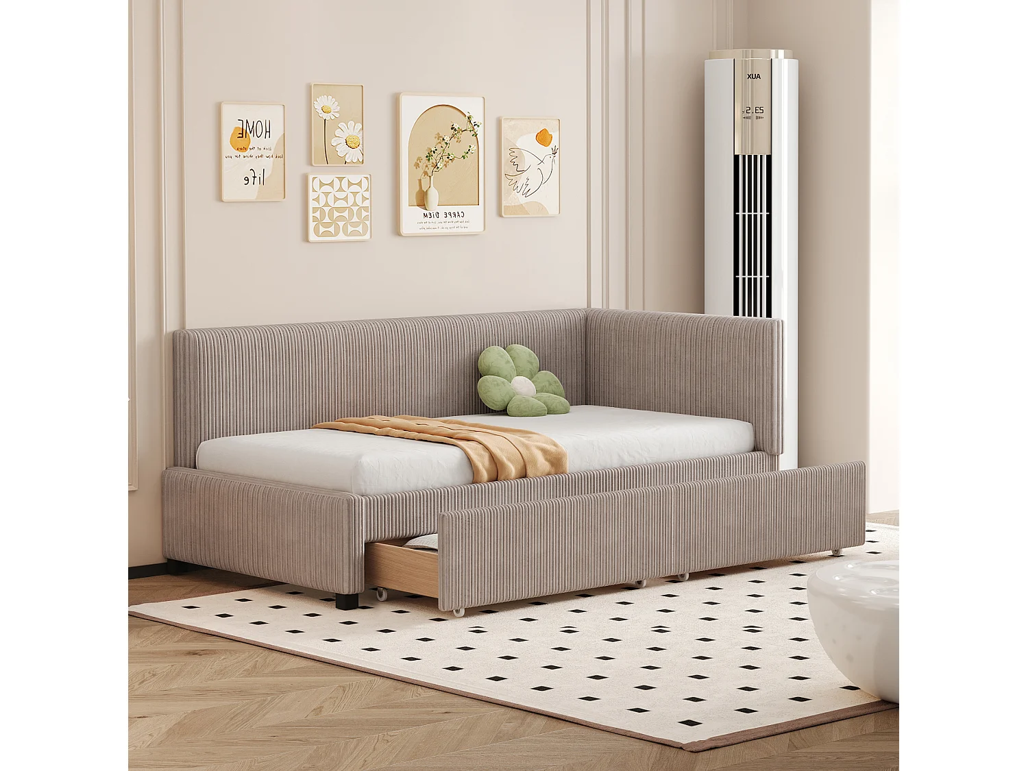 Divano letto 90x200 cm, multifunzionale, con 2 ampi cassetti contenitore, rete a doghe, tessuto in velluto, grigio (204,5x97x68 cm)