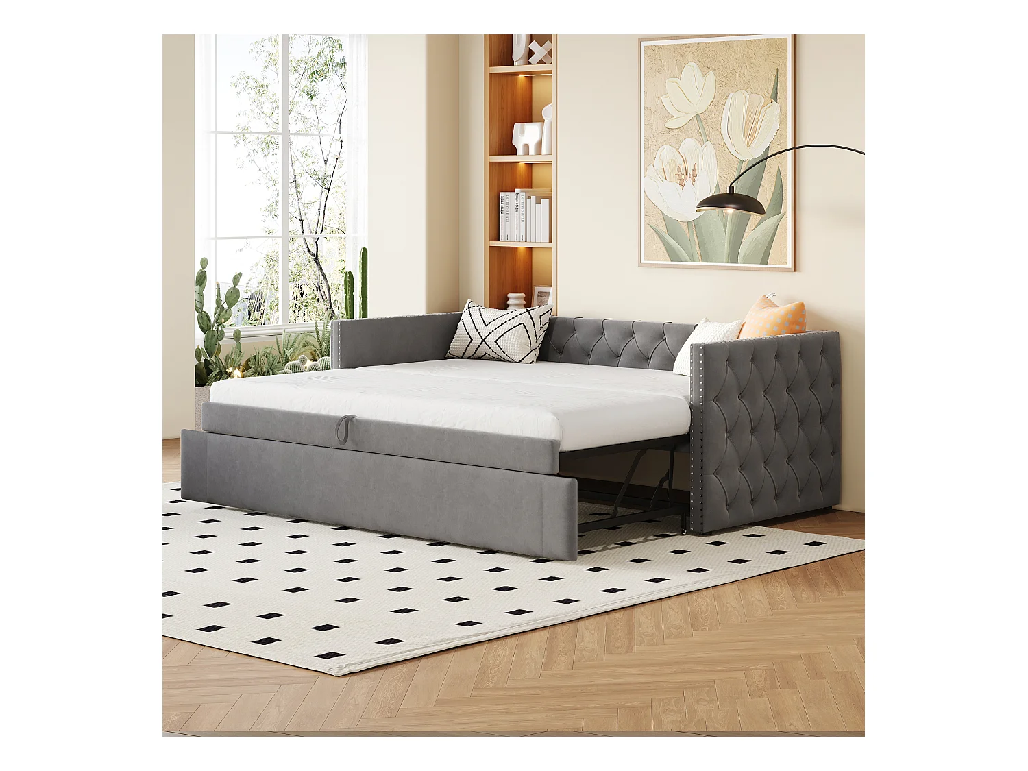 Canapé-lit 90x200cm, lit escamotable classique à boutons, avec sommier à lattes, velours gris, lit d’appoint multifonctionnel (215x96.5x74 cm)