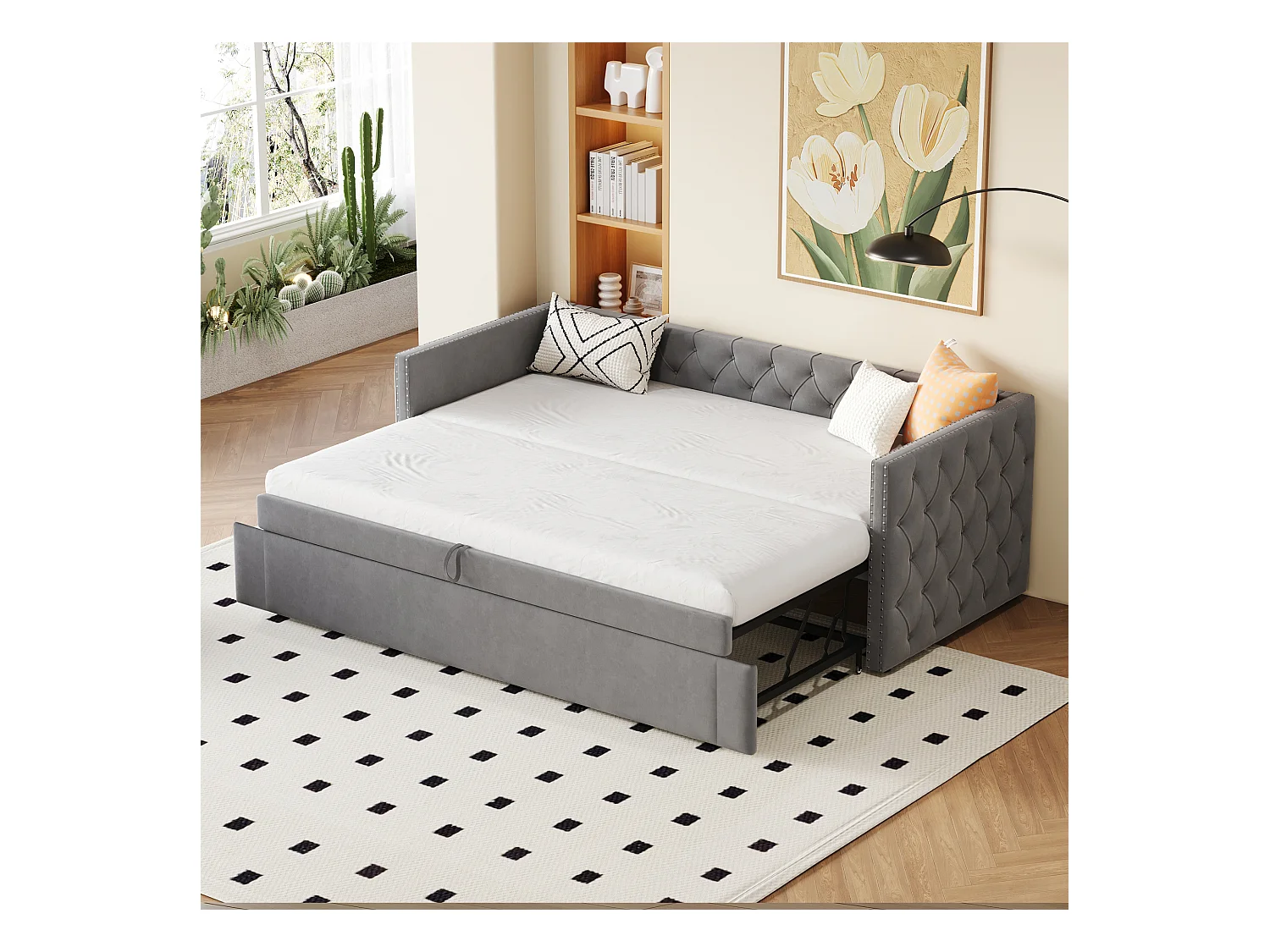 Canapé-lit 90x200cm, lit escamotable classique à boutons, avec sommier à lattes, velours gris, lit d’appoint multifonctionnel (215x96.5x74 cm)