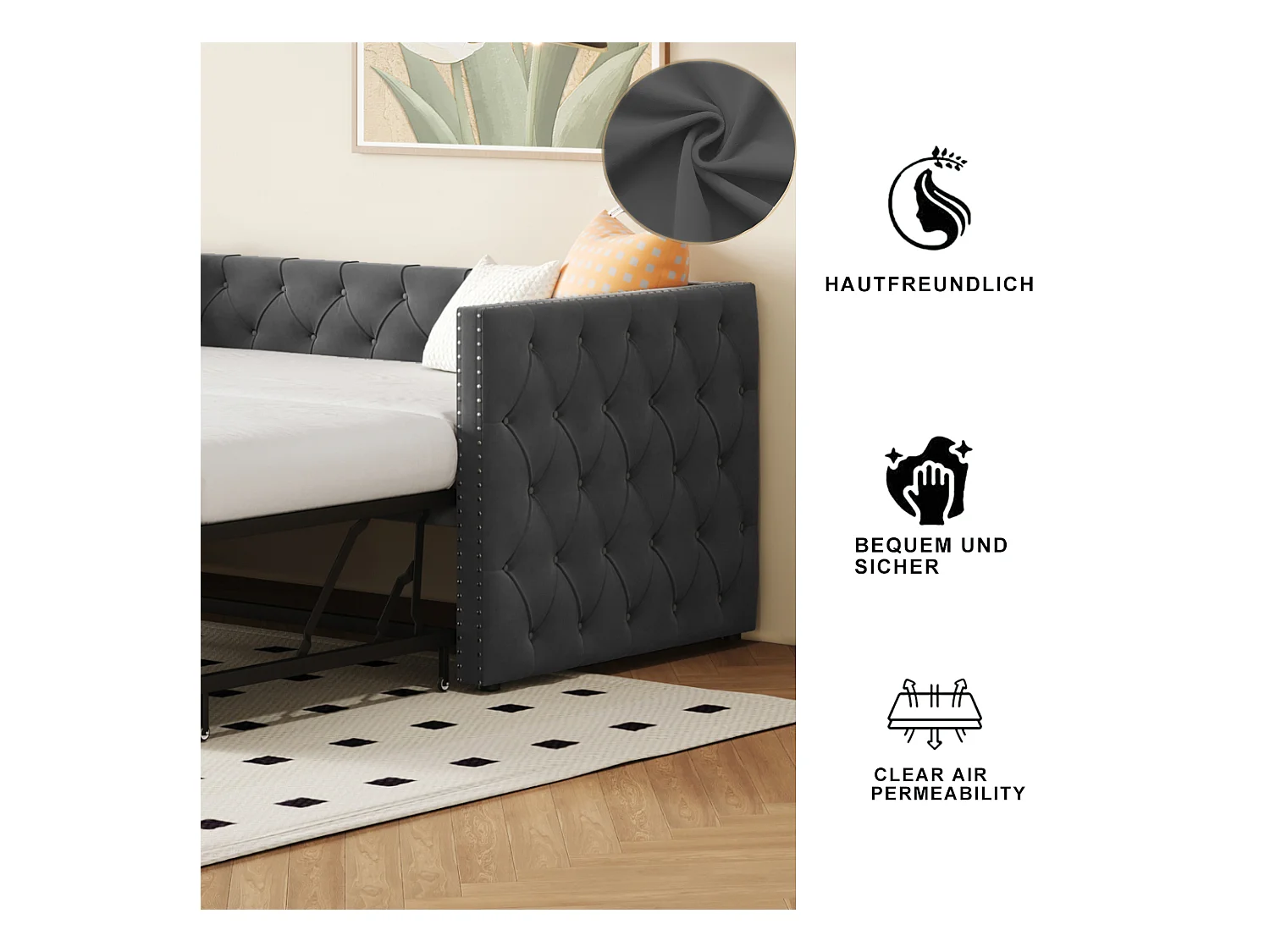 Canapé-lit 90x200cm, lit escamotable classique à boutons, avec sommier à lattes, velours gris, lit d’appoint multifonctionnel (215x96.5x74 cm)