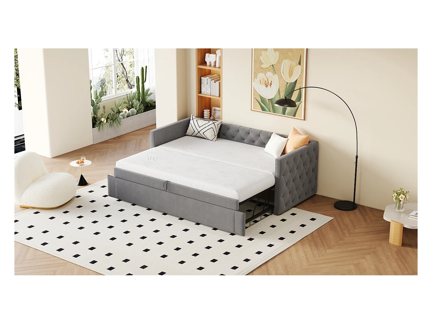 Canapé-lit 90x200cm, lit escamotable classique à boutons, avec sommier à lattes, velours gris, lit d’appoint multifonctionnel (215x96.5x74 cm)