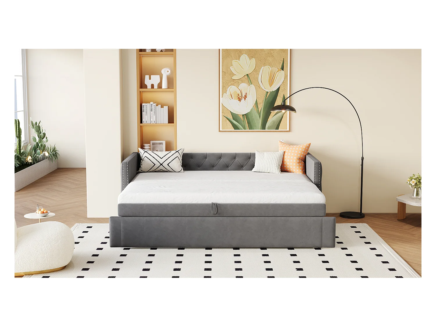 Canapé-lit 90x200cm, lit escamotable classique à boutons, avec sommier à lattes, velours gris, lit d’appoint multifonctionnel (215x96.5x74 cm)