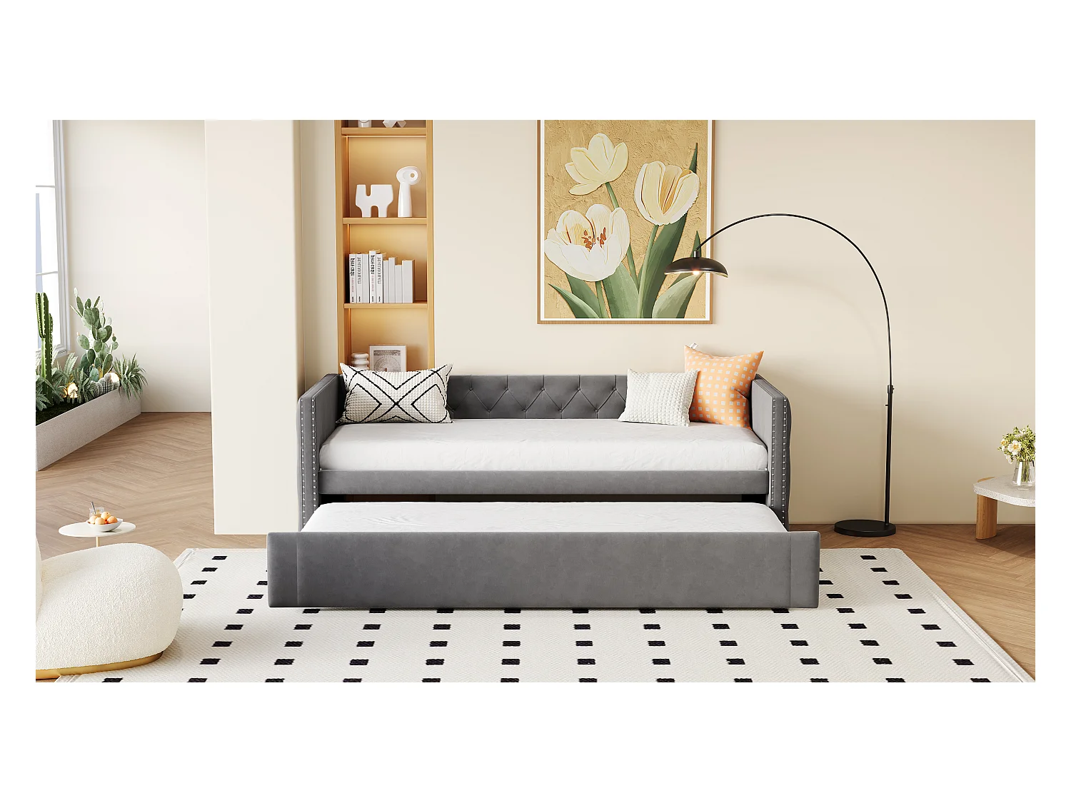 Canapé-lit 90x200cm, lit escamotable classique à boutons, avec sommier à lattes, velours gris, lit d’appoint multifonctionnel (215x96.5x74 cm)