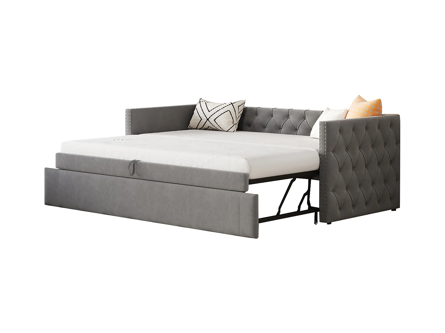 Canapé-lit 90x200cm, lit escamotable classique à boutons, avec sommier à lattes, velours gris, lit d’appoint multifonctionnel (215x96.5x74 cm)