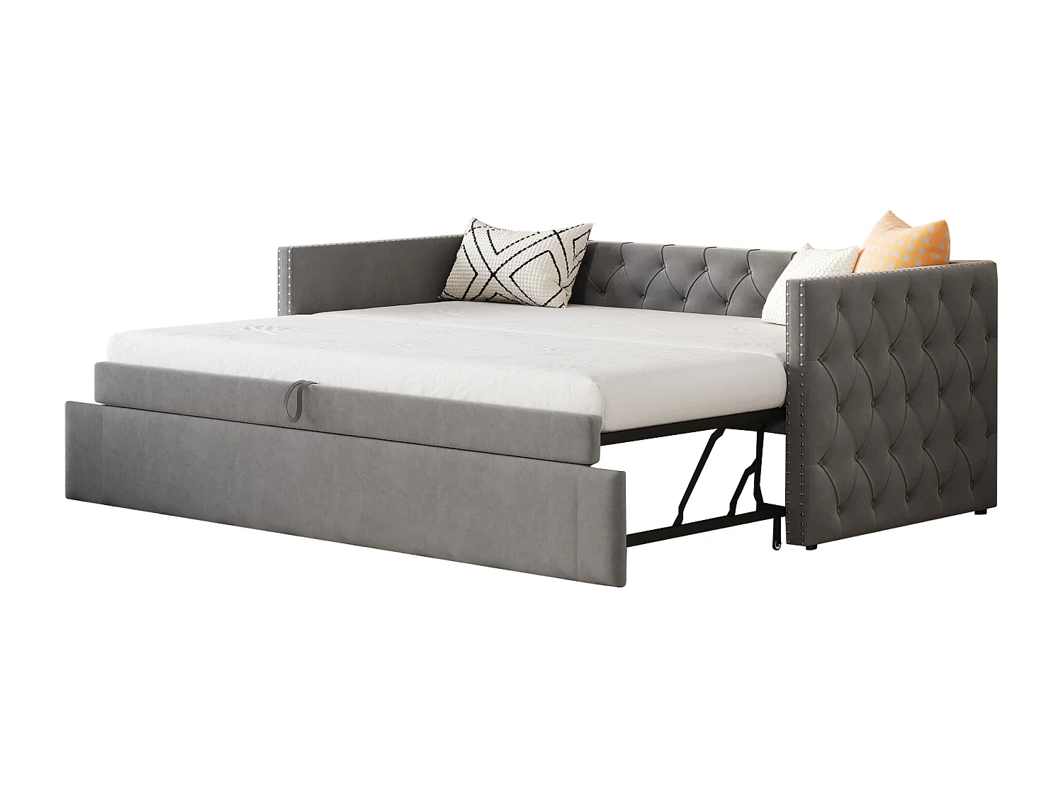 Canapé-lit 90x200cm, lit escamotable classique à boutons, avec sommier à lattes, velours gris, lit d’appoint multifonctionnel (215x96.5x74 cm)