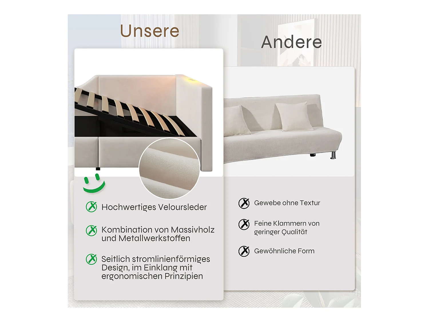 Bed 90x190 cm, slaapbank met 2 lades, hoofdeinde met lamp en USB-C, beige fluweel (203x70x98 cm)