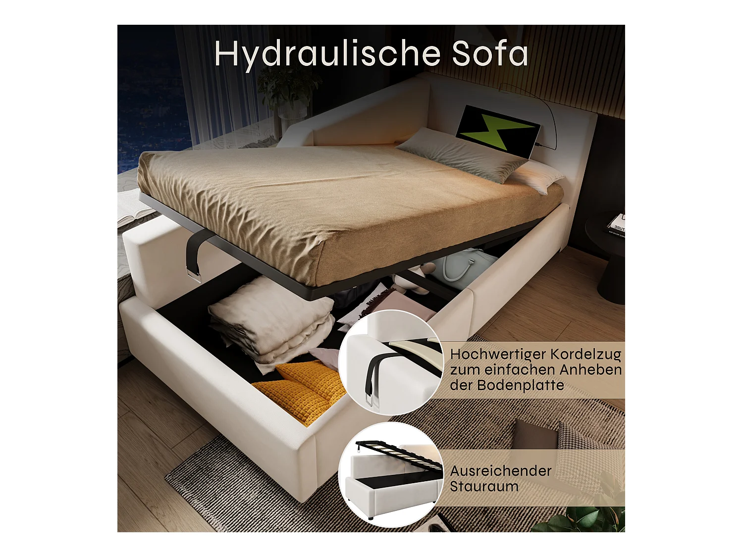 Bed 90x190 cm, slaapbank met 2 lades, hoofdeinde met lamp en USB-C, beige fluweel (203x70x98 cm)