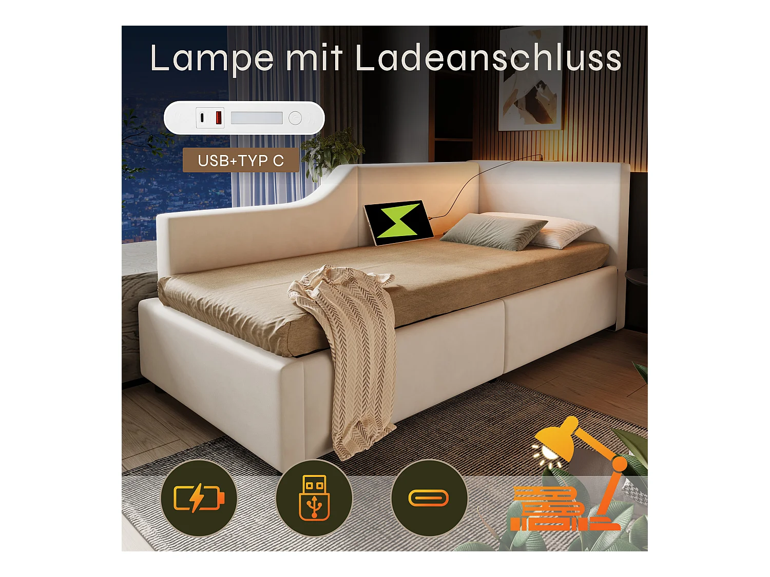 Bed 90x190 cm, slaapbank met 2 lades, hoofdeinde met lamp en USB-C, beige fluweel (203x70x98 cm)
