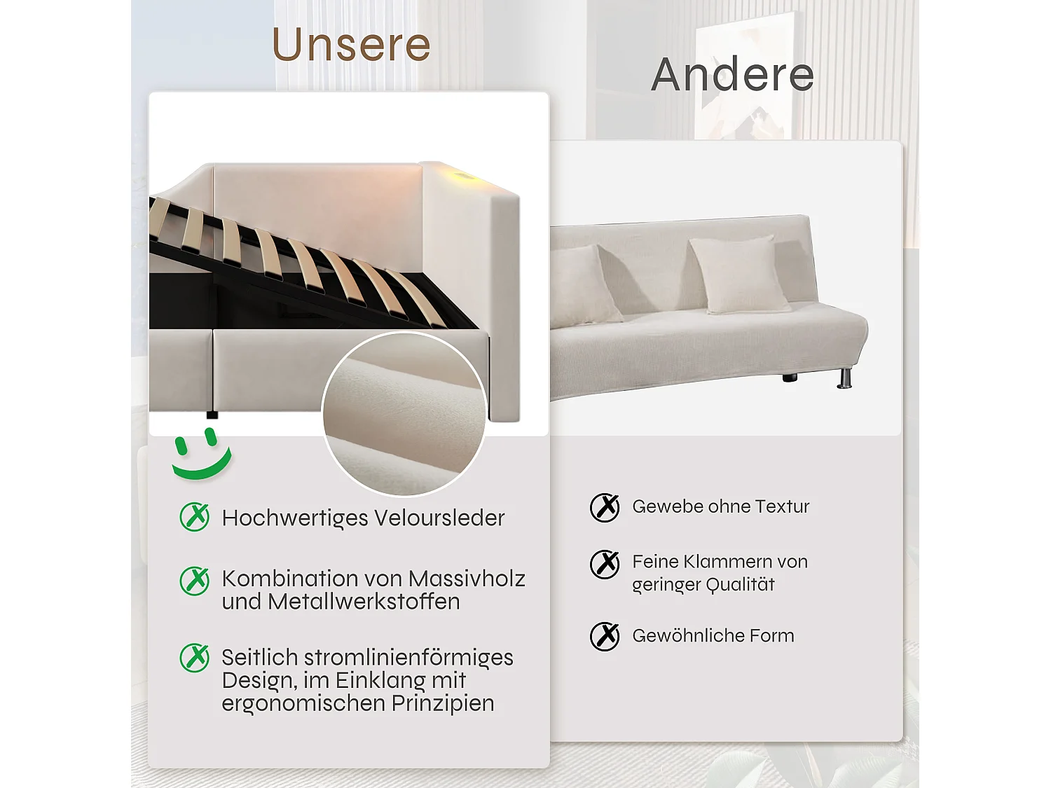 Lit 90x190 cm, Daybed avec 2 Tiroirs, Tête de Lit avec Lampe et USB-C, Velours Beige (203x70x98 cm)