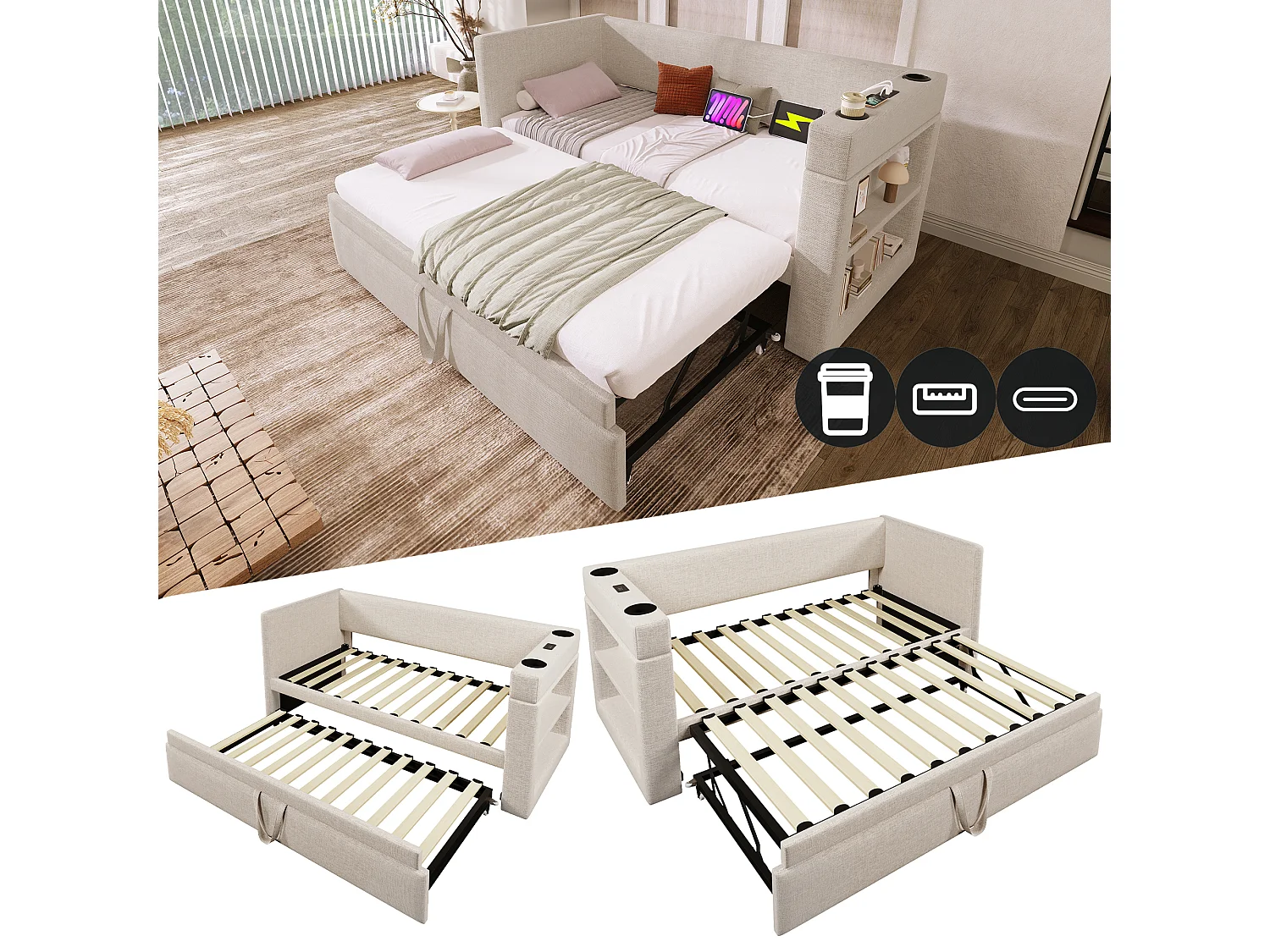 Canapé-lit 90x190 cm avec lit escamotable, accoudoirs avec ports USB et Type-C, en tissu lin beige, sans matelas (207x98x74 cm)