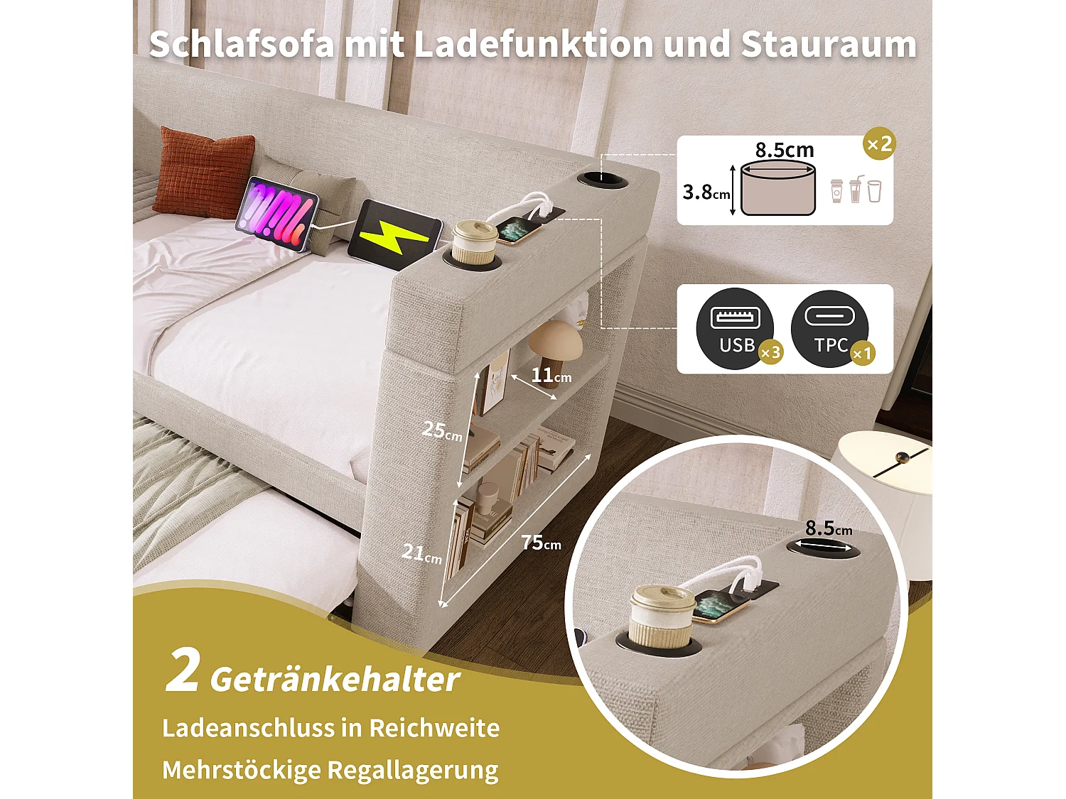 Canapé-lit 90x190 cm avec lit escamotable, accoudoirs avec ports USB et Type-C, en tissu lin beige, sans matelas (207x98x74 cm)