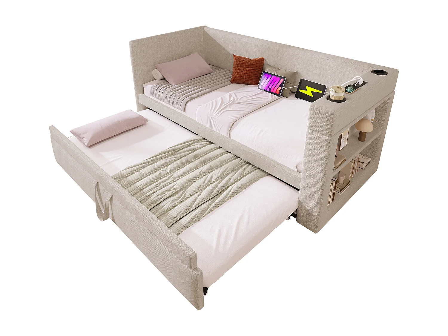 Canapé-lit 90x190 cm avec lit escamotable, accoudoirs avec ports USB et Type-C, en tissu lin beige, sans matelas (207x98x74 cm)