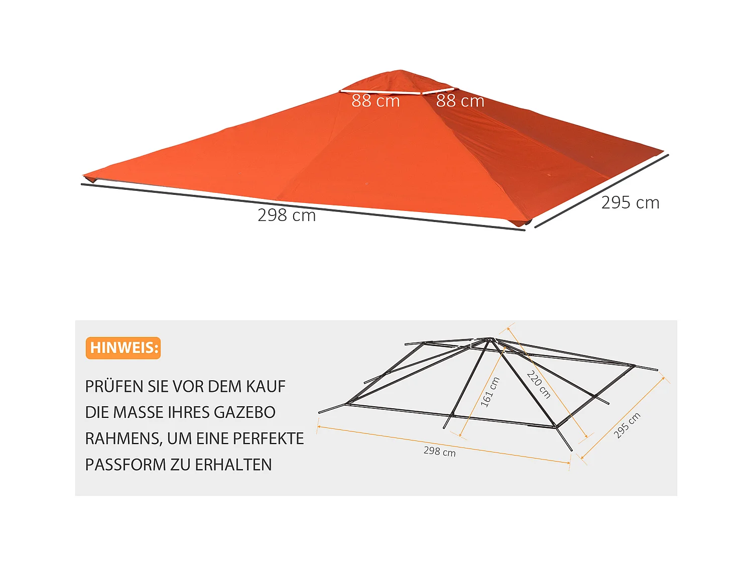 Toit de remplacement pour pavillon, protection solaire en polyester, orange (298x295 cm)