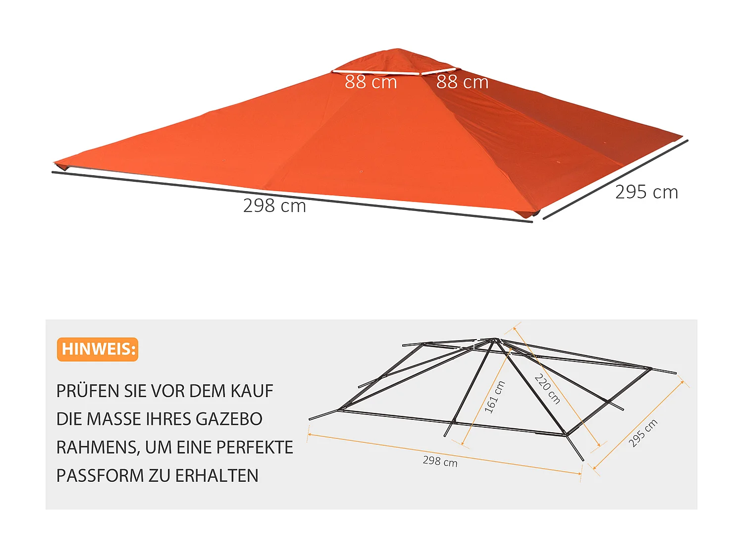 Toit de remplacement pour pavillon, protection solaire en polyester, orange (298x295 cm)