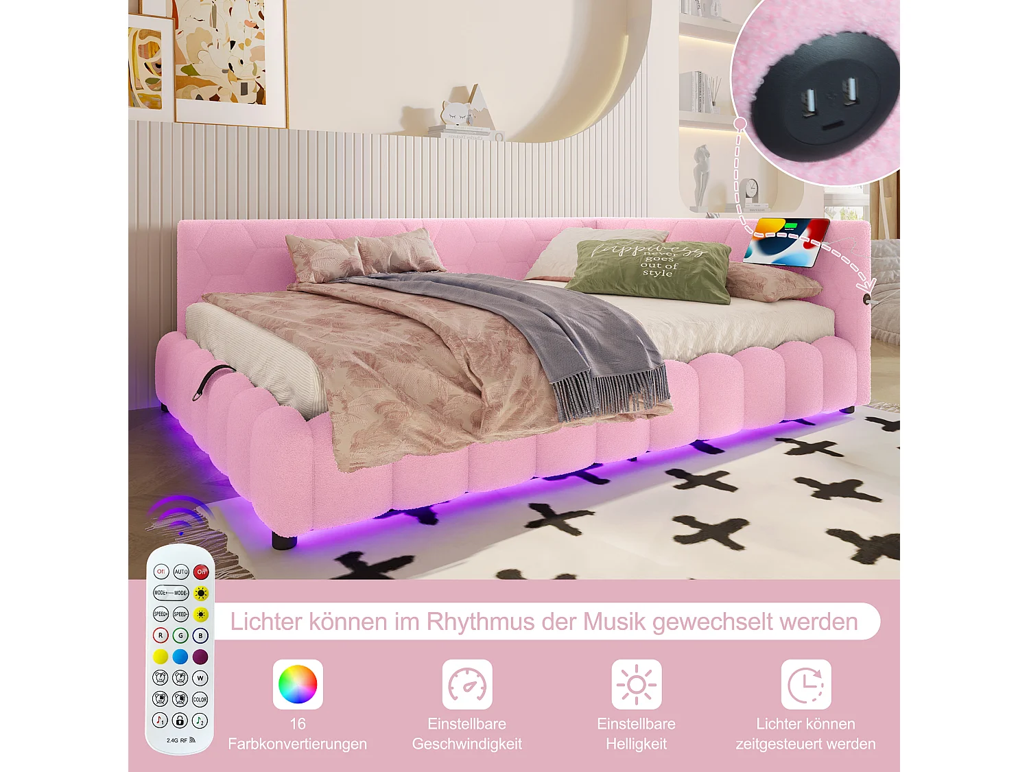 Daybed 140x200 cm, canapé-lit, lit escamotable avec LED, mécanisme hydraulique, USB et Type-C, matériau en velours, blanc (213.5x152x73 cm)