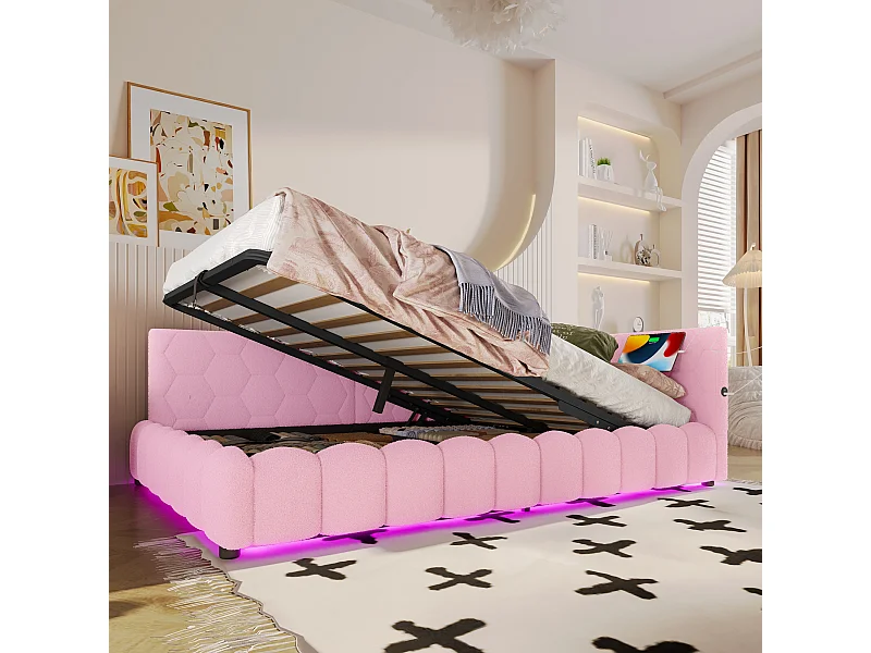 Daybed 140x200 cm, canapé-lit, lit escamotable avec LED, mécanisme hydraulique, USB et Type-C, matériau en velours, blanc (213.5x152x73 cm)